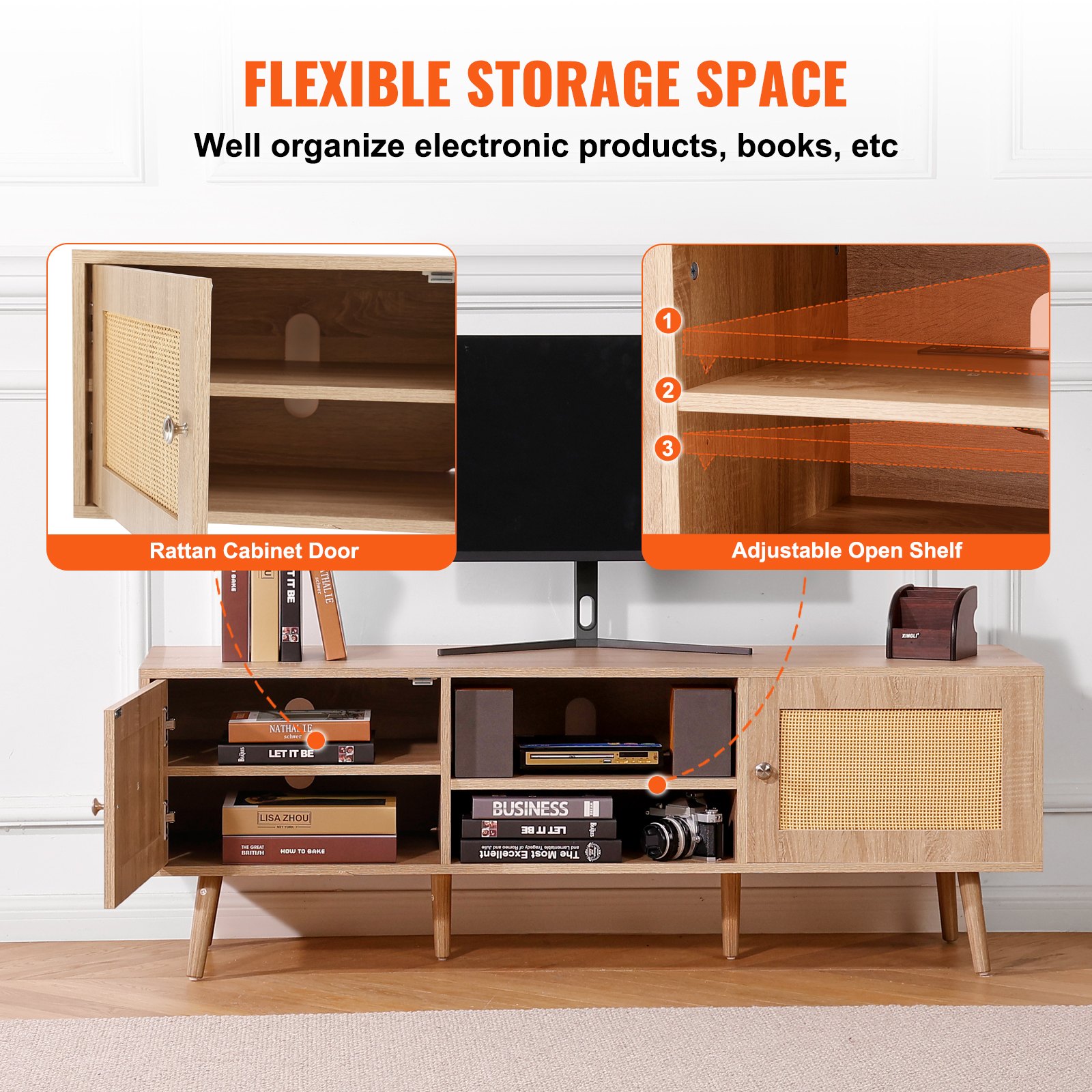 VEVOR Mobile TV in Rattan, Mobile TV Moderno Mid Century per TV da 1651 mm, Mobile TV Boho in Rattan con Presa Integrata e Porte USB, Ripiani Regolabili per Soggiorno, Mobile Sala Multimediale, Rovere