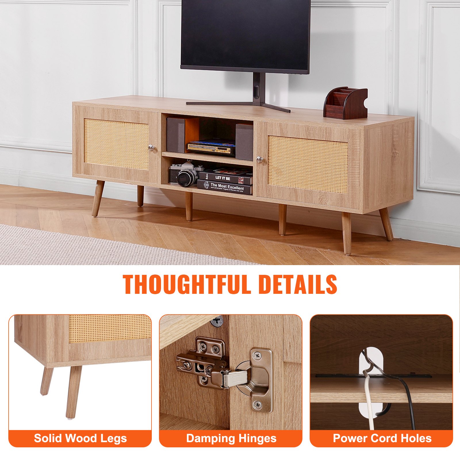 VEVOR Mobile TV in Rattan, Mobile TV Moderno Mid Century per TV da 1651 mm, Mobile TV Boho in Rattan con Presa Integrata e Porte USB, Ripiani Regolabili per Soggiorno, Mobile Sala Multimediale, Rovere