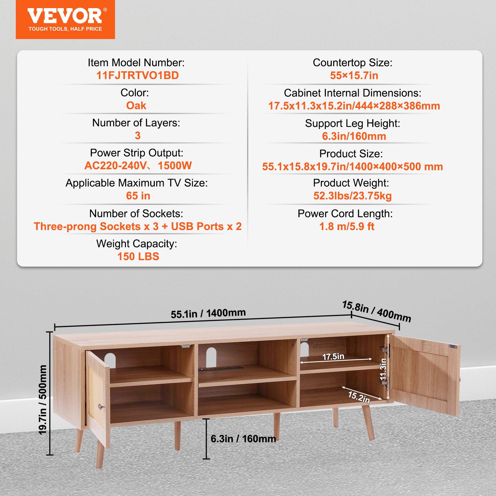 VEVOR Mobile TV in Rattan, Mobile TV Moderno Mid Century per TV da 1651 mm, Mobile TV Boho in Rattan con Presa Integrata e Porte USB, Ripiani Regolabili per Soggiorno, Mobile Sala Multimediale, Rovere