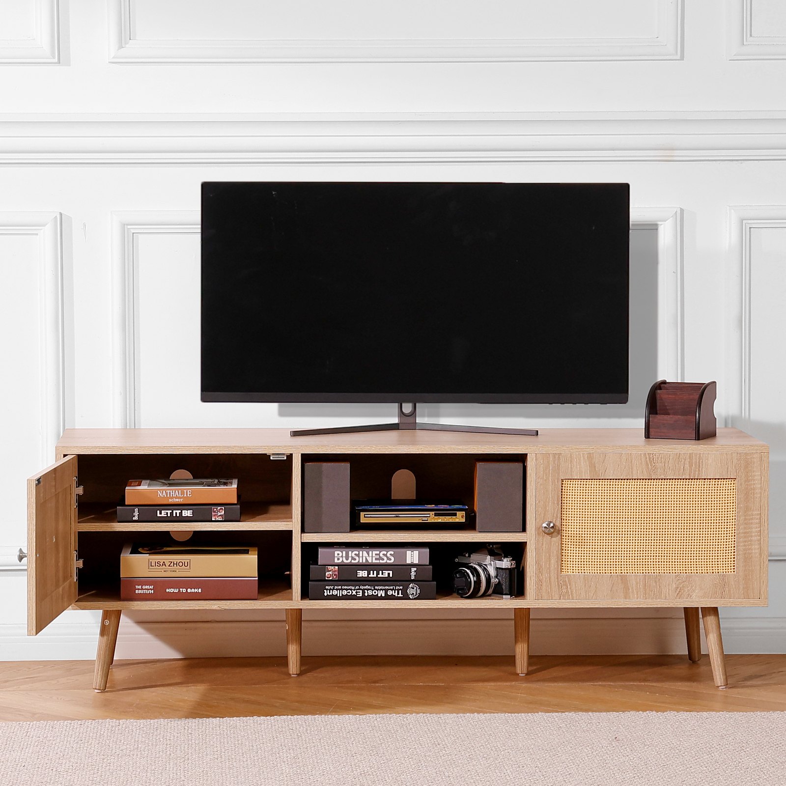 VEVOR Mobile TV in Rattan, Mobile TV Moderno Mid Century per TV da 1651 mm, Mobile TV Boho in Rattan con Presa Integrata e Porte USB, Ripiani Regolabili per Soggiorno, Mobile Sala Multimediale, Rovere
