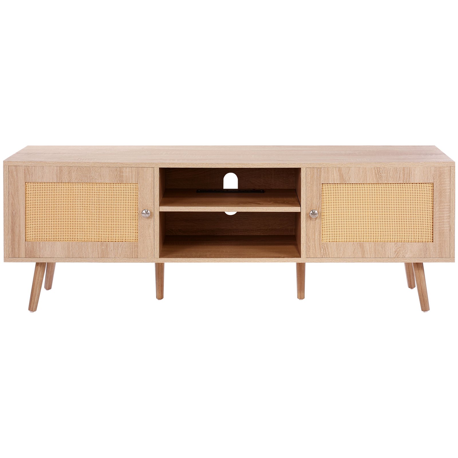 VEVOR Mobile TV in Rattan, Mobile TV Moderno Mid Century per TV da 1651 mm, Mobile TV Boho in Rattan con Presa Integrata e Porte USB, Ripiani Regolabili per Soggiorno, Mobile Sala Multimediale, Rovere