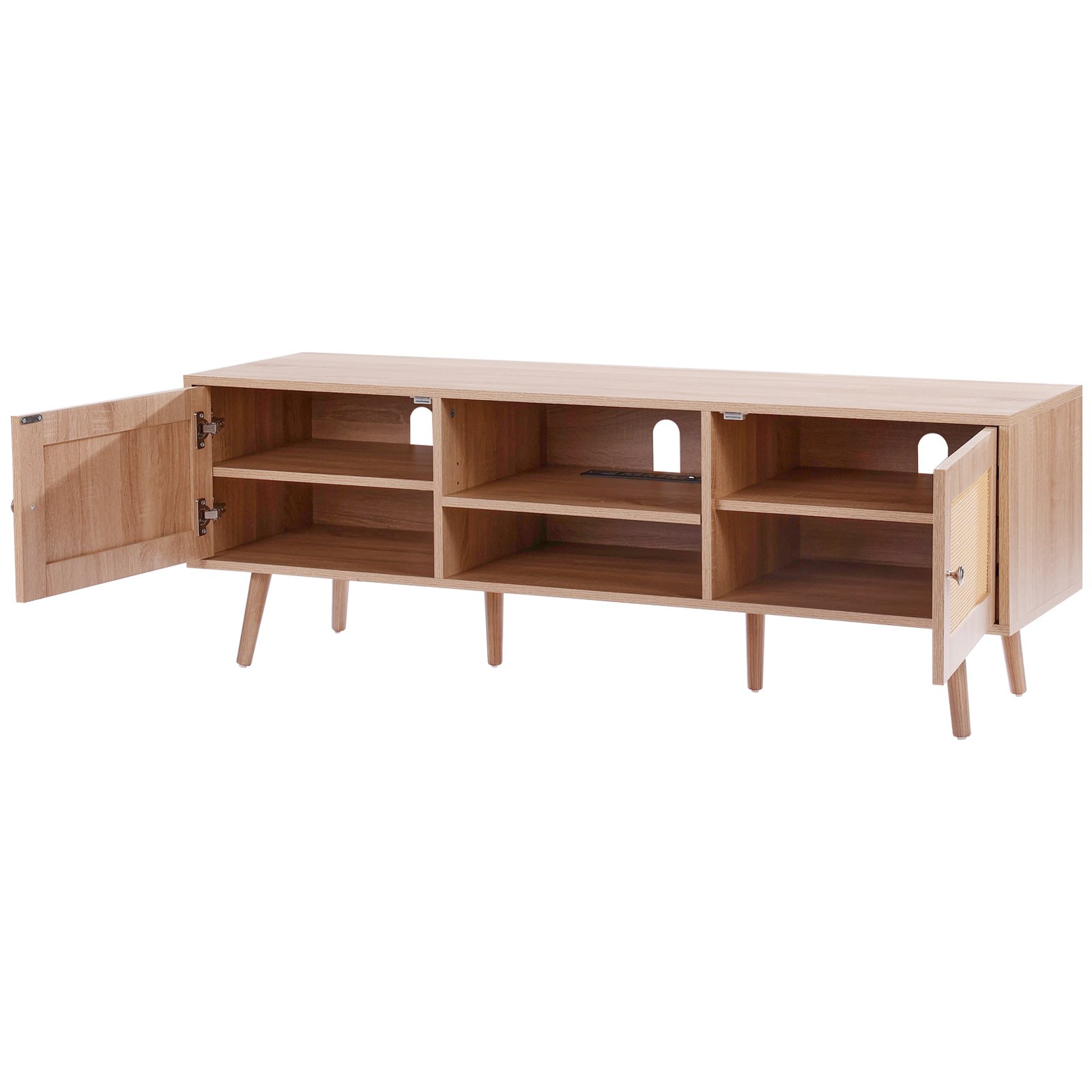 VEVOR Mobile TV in Rattan, Mobile TV Moderno Mid Century per TV da 1651 mm, Mobile TV Boho in Rattan con Presa Integrata e Porte USB, Ripiani Regolabili per Soggiorno, Mobile Sala Multimediale, Rovere