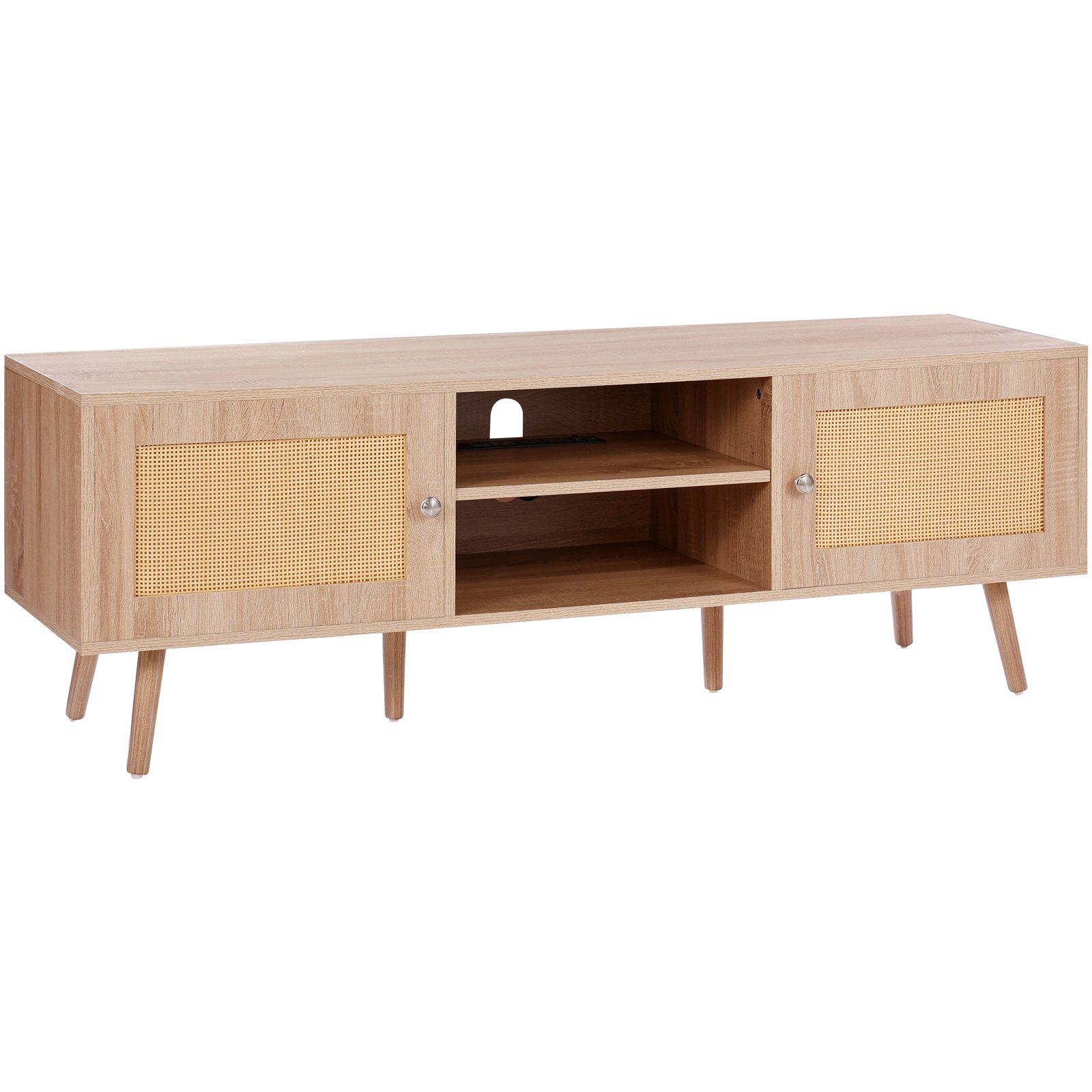 VEVOR Mobile TV in Rattan, Mobile TV Moderno Mid Century per TV da 1651 mm, Mobile TV Boho in Rattan con Presa Integrata e Porte USB, Ripiani Regolabili per Soggiorno, Mobile Sala Multimediale, Rovere