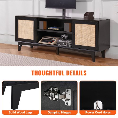 VEVOR Mobile TV in Rattan 1905 mm, Supporto TV Boho con Anta in Rattan, Centro Intrattenimento con Presa Integrata, Armadietto 2 Ripiani, Console TV Moderna per Soggiorno, Sala Multimediale, Nero