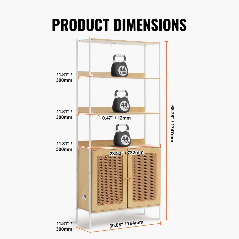 VEVOR Rattan Bookcase with 2 Doors, Freestanding Open Bookcase, Storage Shelf, Display Shelf Ideal for Library, Conference Room, Office, Study (20 kg load capacity per shelf)