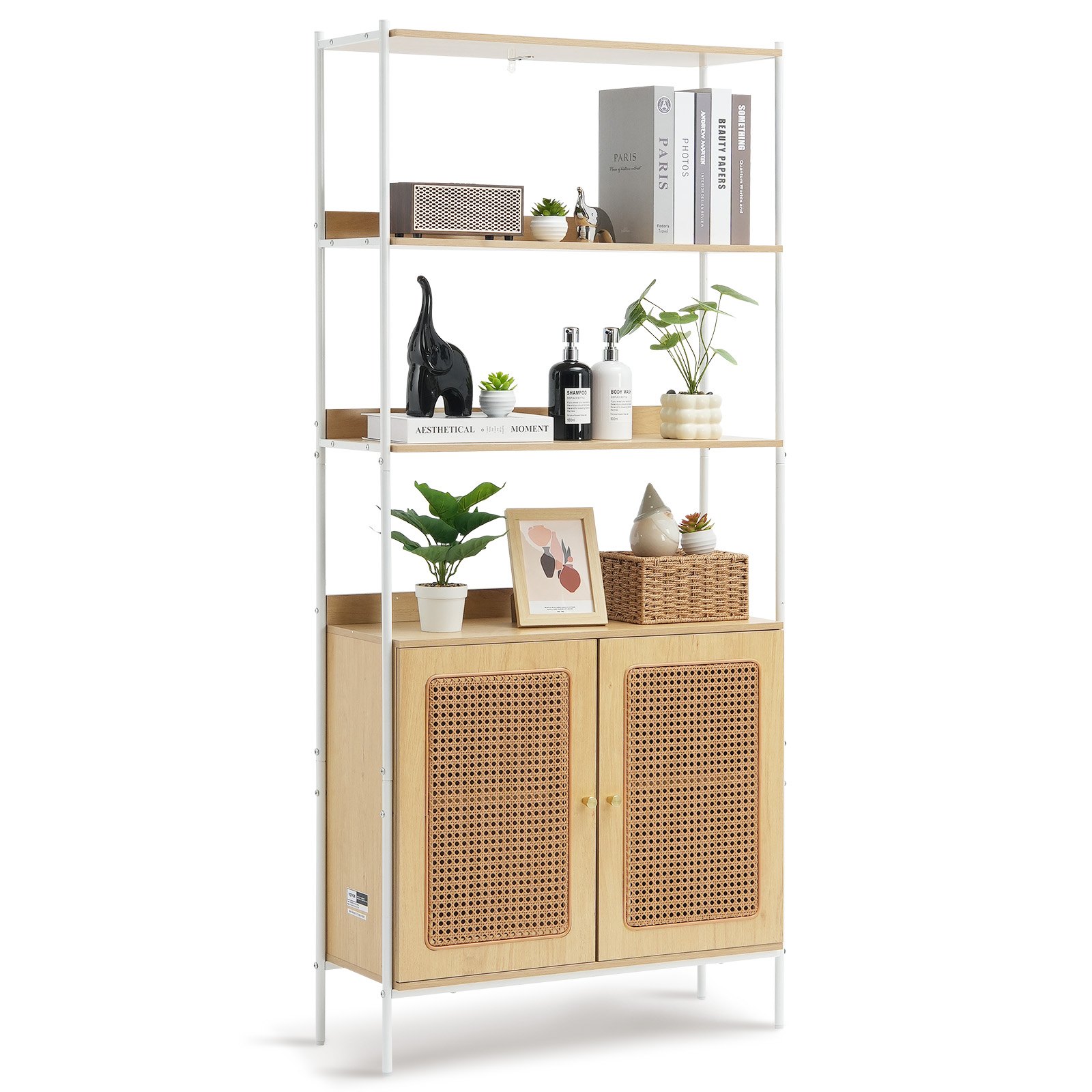 VEVOR Rattan Bookcase with 2 Doors, Freestanding Open Bookcase, Storage Shelf, Display Shelf Ideal for Library, Conference Room, Office, Study (20 kg load capacity per shelf)