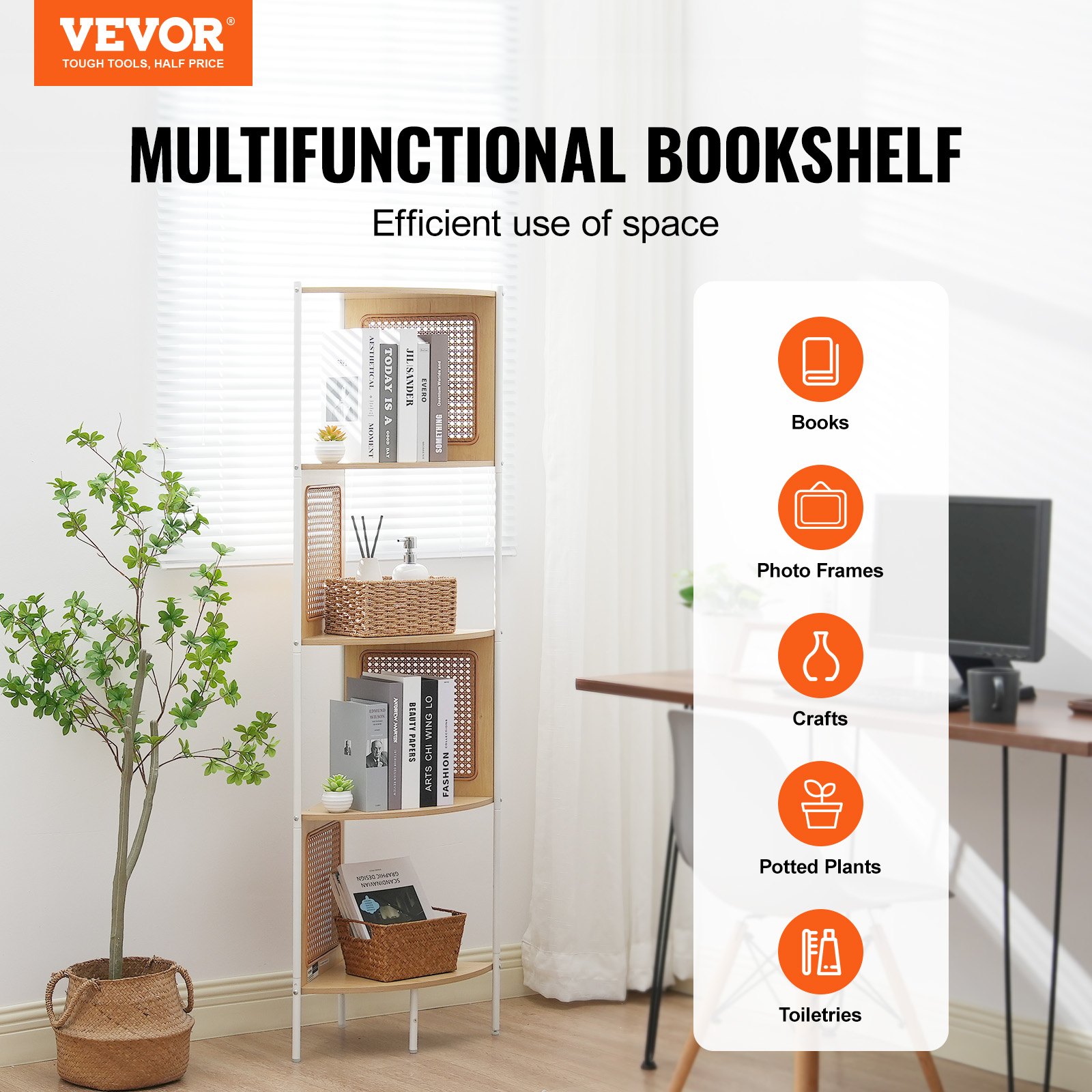 VEVOR Libreria Angolare in Rattan Scala Scaffale Angolare 5 Ripiani con Struttura in Metallo, Ripiano Angolare Stretto Aperto per Parete, Scaffali Espositivi per Biblioteca Sala Conferenze Ufficio