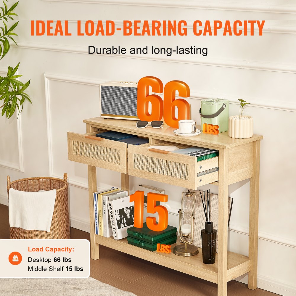 VEVOR Rattan Console Table with 2 Drawers, Rattan Entrance Table with Natural Rattan Sliding Door, Console Sofa Table for Living Room, Study, Entryway or TV Wall, Natural