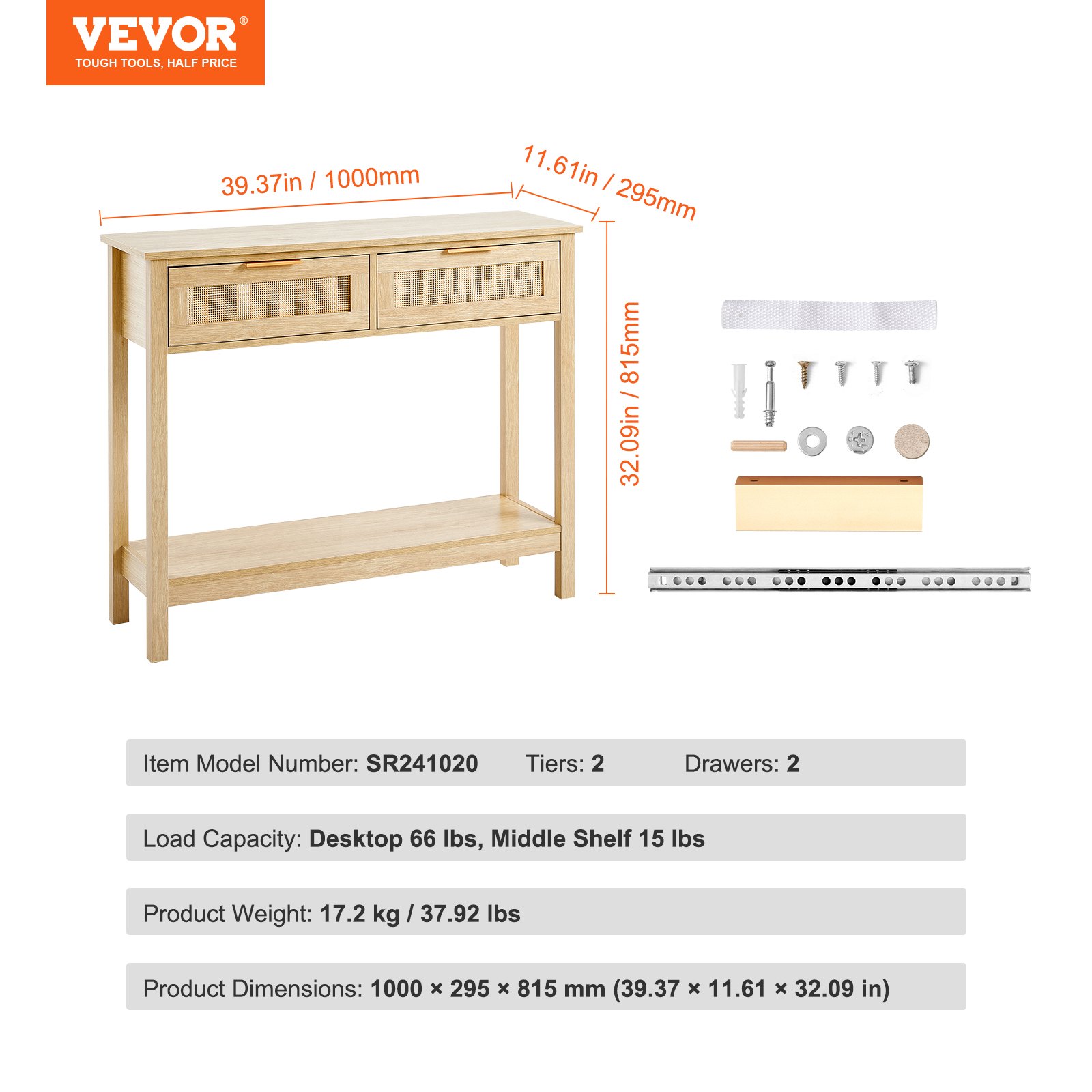 VEVOR Rattan Console Table with 2 Drawers, Rattan Entrance Table with Natural Rattan Sliding Door, Console Sofa Table for Living Room, Study, Entryway or TV Wall, Natural