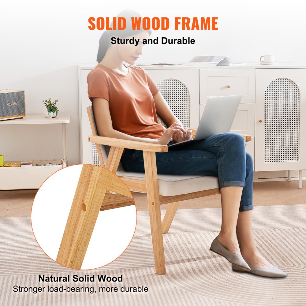 VEVOR Sedia in Rattan 1 Pezzo Sedia da Pranzo Moderna della metà Secolo con Braccioli, Sedia Imbottita con Schienale in Rattan, Sedia per Sala da Pranzo in Rattan per Soggiorno, Camera da Letto, Beige
