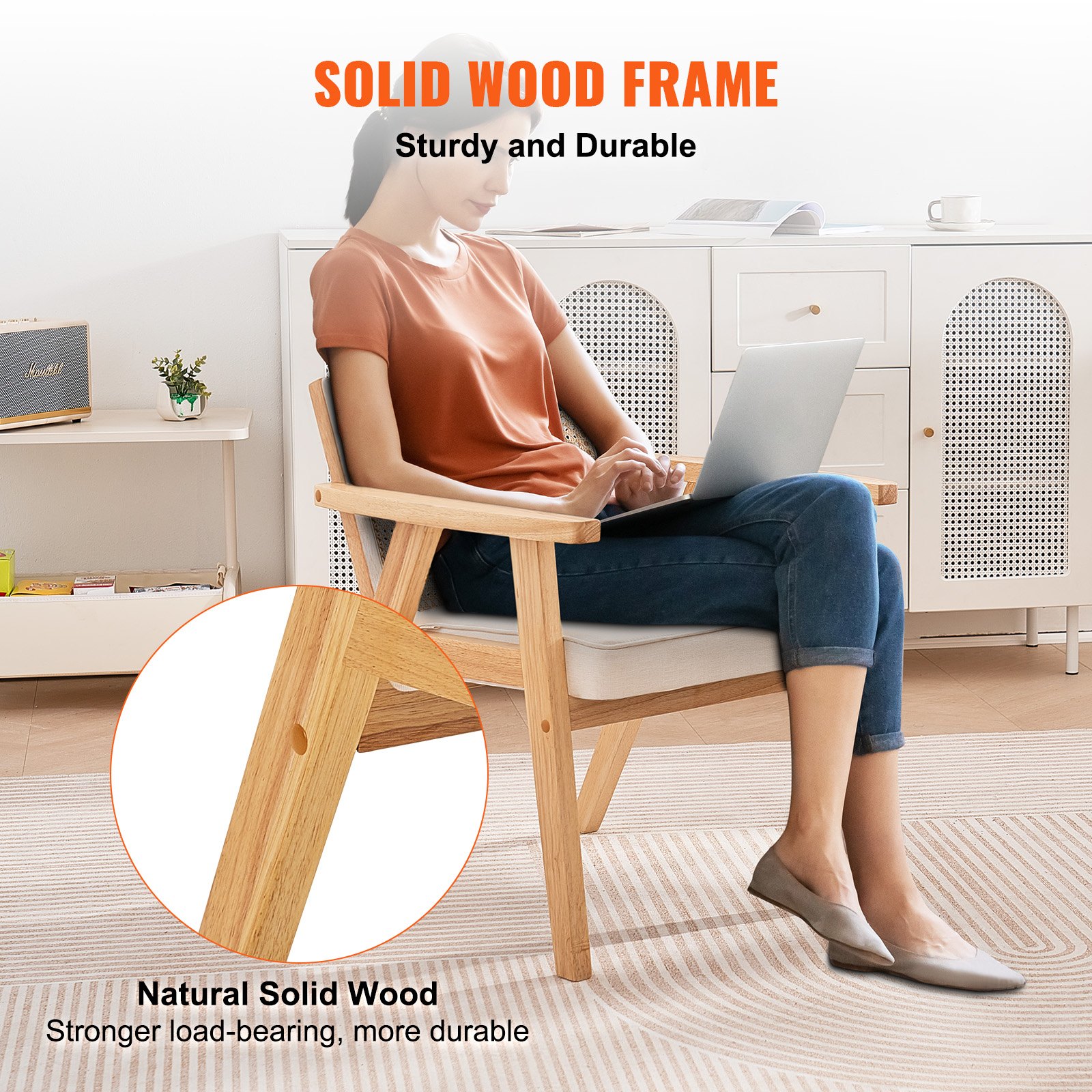 VEVOR Sedia in Rattan 1 Pezzo Sedia da Pranzo Moderna della metà Secolo con Braccioli, Sedia Imbottita con Schienale in Rattan, Sedia per Sala da Pranzo in Rattan per Soggiorno, Camera da Letto, Beige