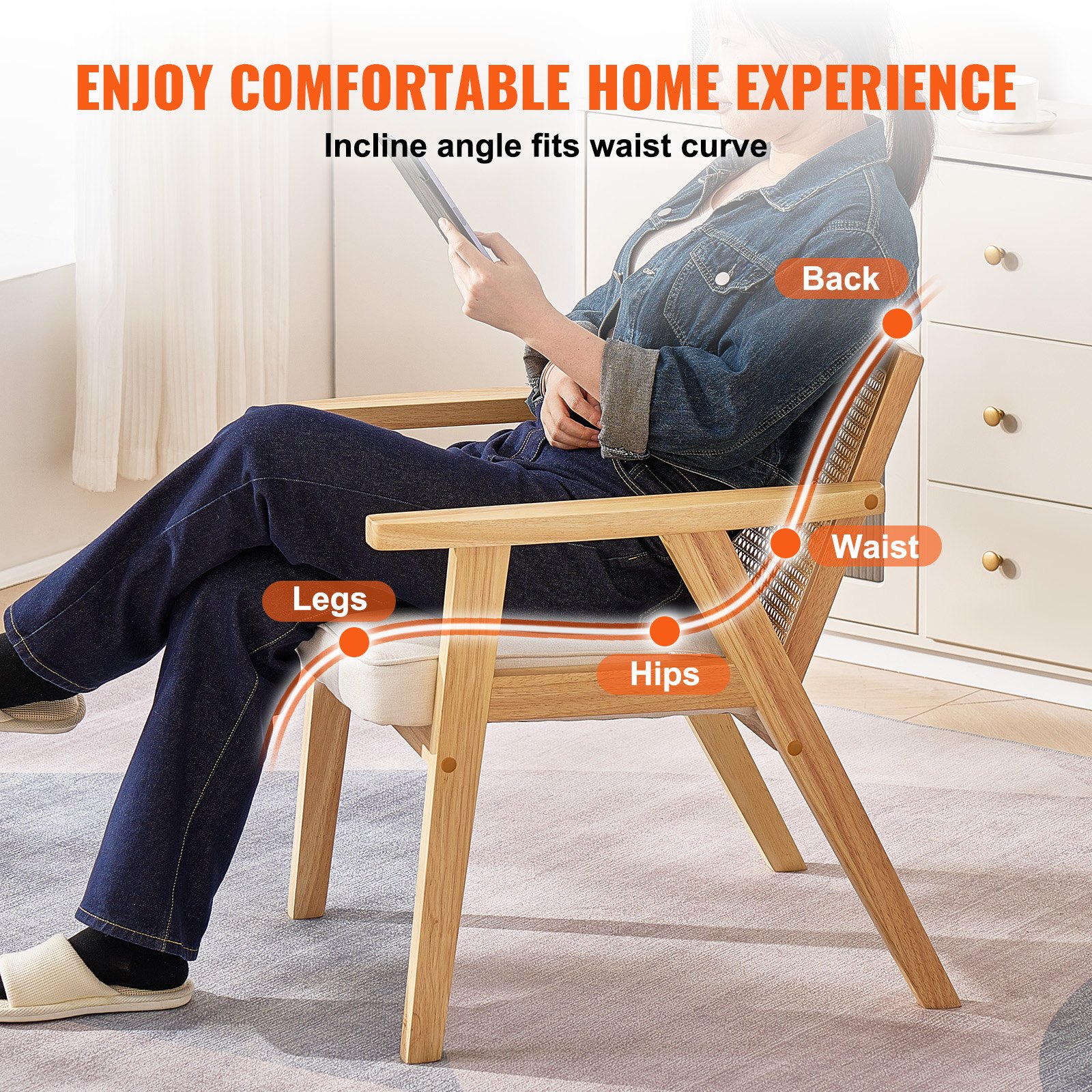 VEVOR Sedia in Rattan 1 Pezzo Sedia da Pranzo Moderna della metà Secolo con Braccioli, Sedia Imbottita con Schienale in Rattan, Sedia per Sala da Pranzo in Rattan per Soggiorno, Camera da Letto, Beige