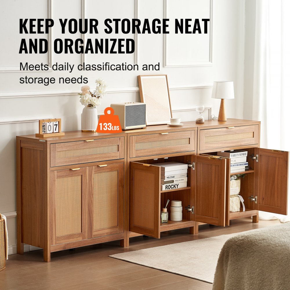 VEVOR Mobile in Rattan 750 x 360 x 860 mm Cassettiera in Rattan con 6 Ante Magnetiche, Cassettiera da 3, Credenza Buffet con Ripiani Regolabili, Ideale per Corridoio, Ingresso, Soggiorno o Cucina