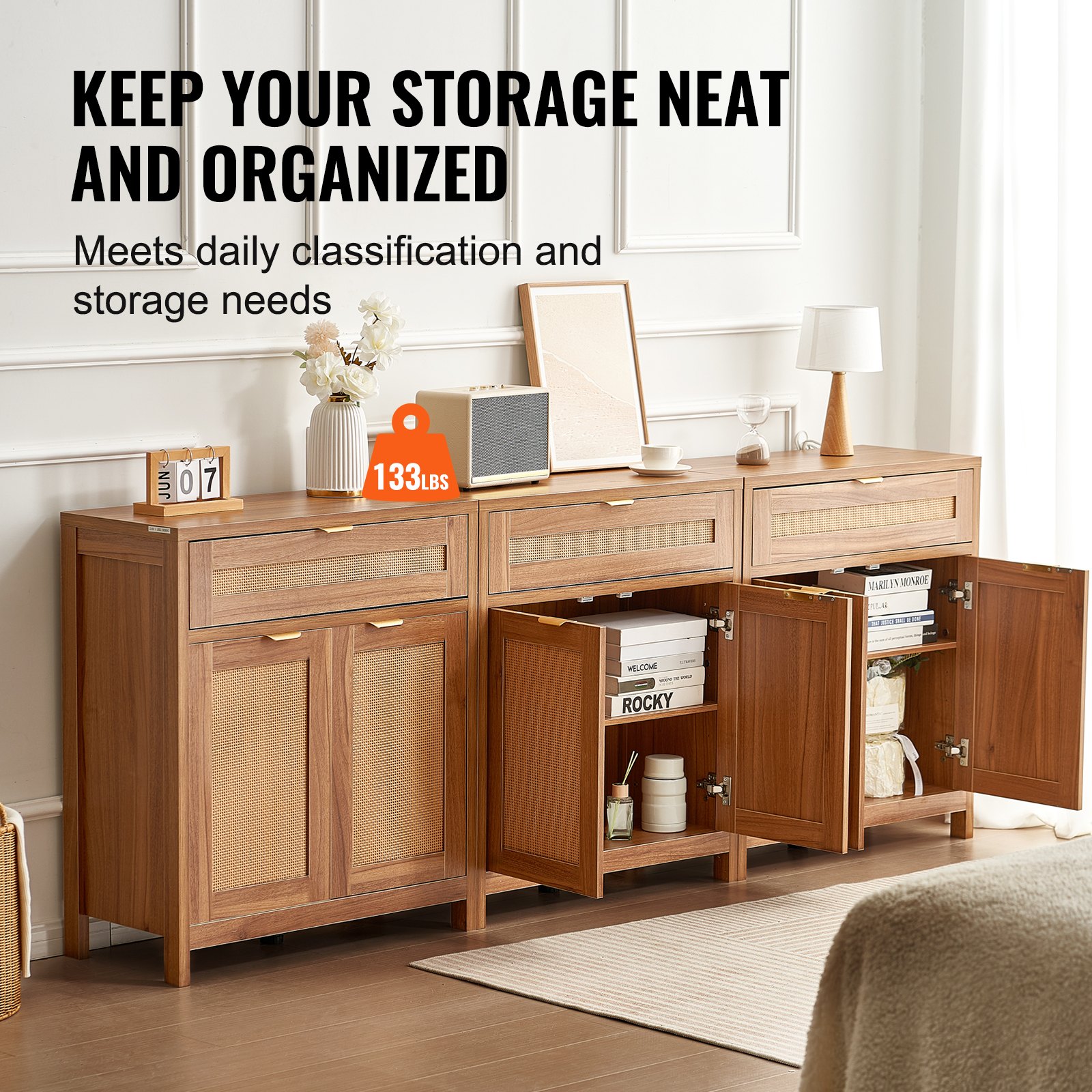 VEVOR Mobile in Rattan 750 x 360 x 860 mm Cassettiera in Rattan con 6 Ante Magnetiche, Cassettiera da 3, Credenza Buffet con Ripiani Regolabili, Ideale per Corridoio, Ingresso, Soggiorno o Cucina