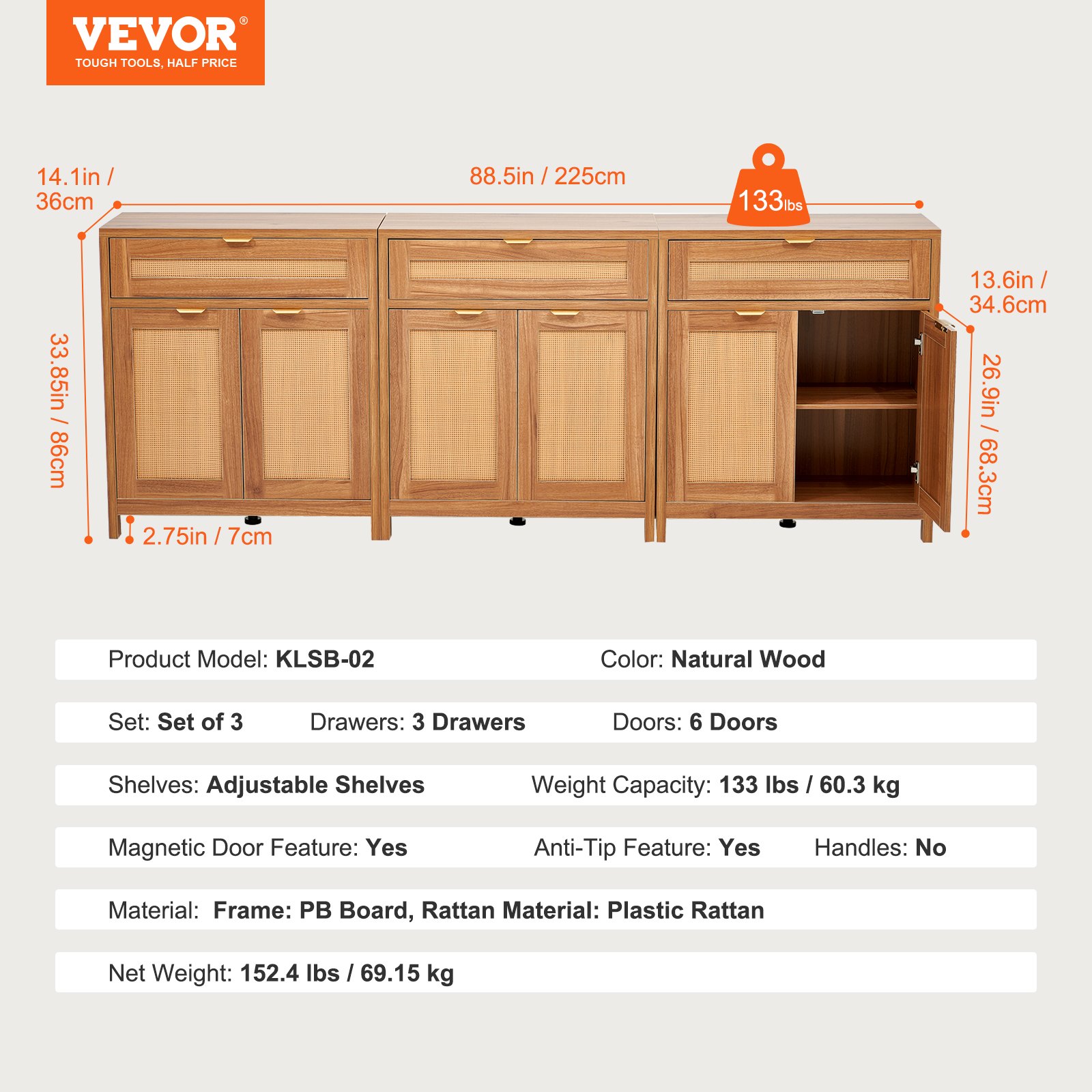 VEVOR Mobile in Rattan 750 x 360 x 860 mm Cassettiera in Rattan con 6 Ante Magnetiche, Cassettiera da 3, Credenza Buffet con Ripiani Regolabili, Ideale per Corridoio, Ingresso, Soggiorno o Cucina