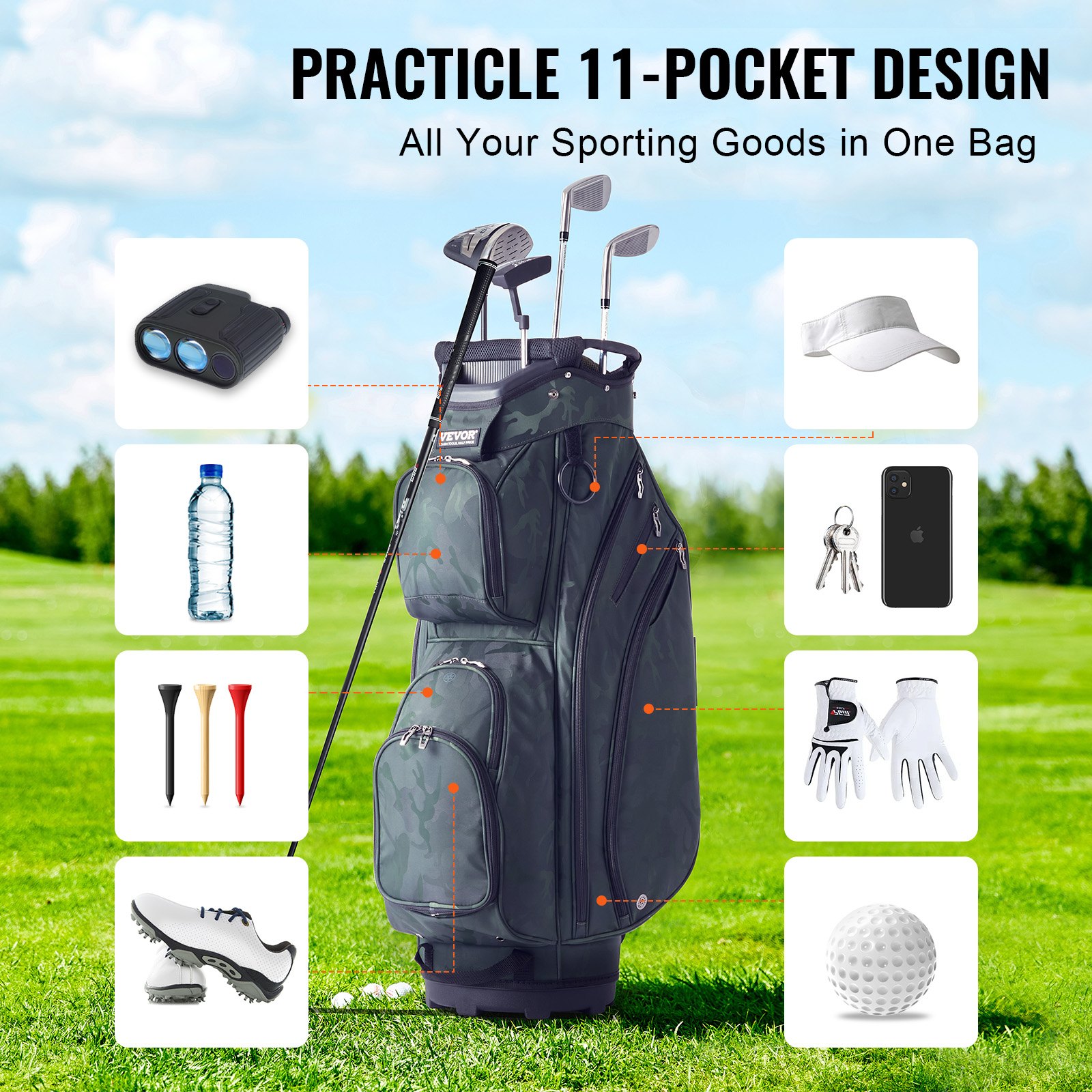 VEVOR Sacca da Golf con Divisorio Organizzatore 14 Vie, Sacca da Golf in Nylon Premium 910 mm 11 Tasche, Borsa da Golf Resistente con Manici Copertura Antipolvere Cinghie Staccabili, Verde Militare