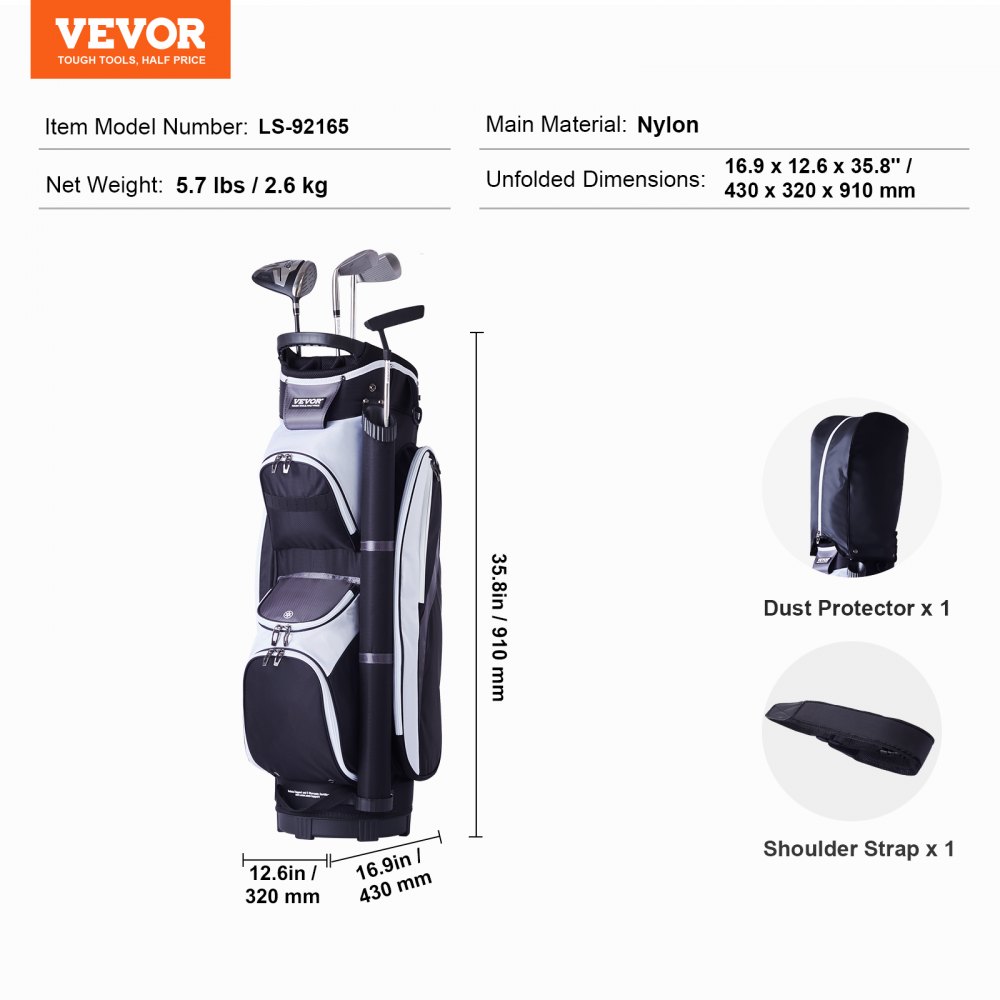 VEVOR Sacca da Golf con Divisori Organizzatori a 14 Vie, Sacca da Golf in Nylon Premium con Tasche Multiple 910 mm, Sacca da Golf Resistente con Manici, Copertura Antipolvere Cinghie Staccabili Nero