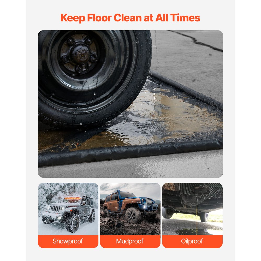 VEVOR Containment Mat, 2.4 x 5.5 m, Non-Slip PVC Garage Floor Mat with a Cleaning Squeegee Broom, Heavy Duty Durable Waterproof Containment Protection from Snow, Rain and Mud for Cars Parking, Black