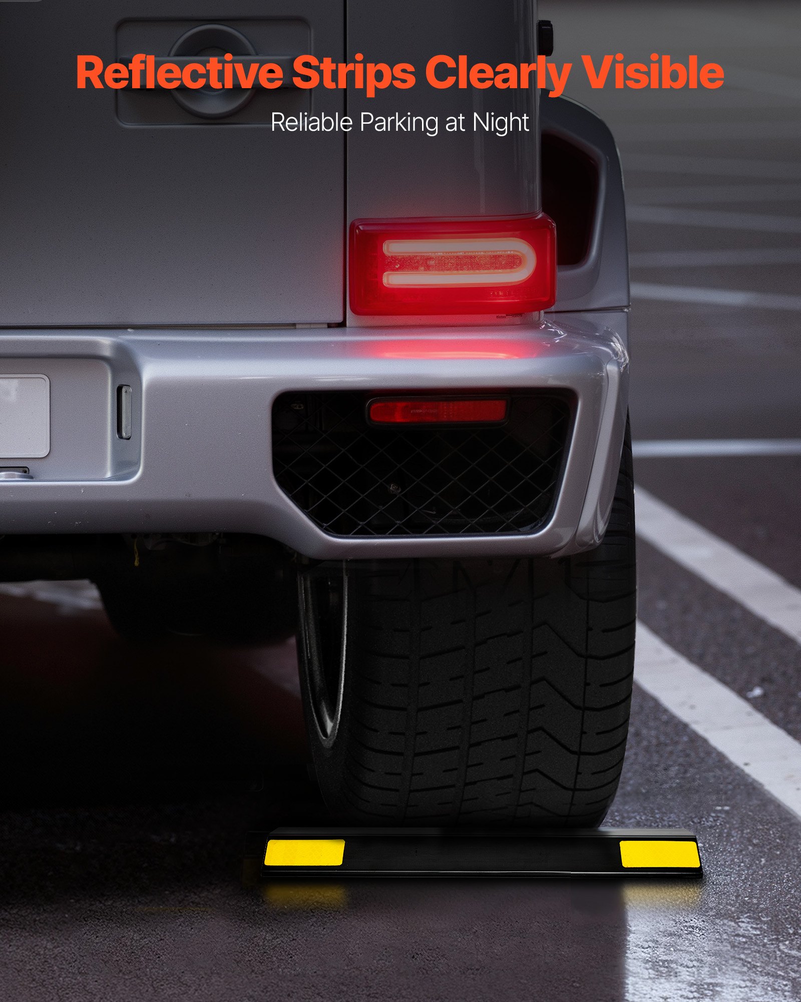 VEVOR Fermaruote in Gomma per Parcheggi da Garage, 446 x 90 x 32 cm, Limitatore di Parcheggio con Strisce Riflettenti, Blocchi Fermi Ruota in Gomma per Auto, Furgoni, Camion, Blocco Guida Ruota