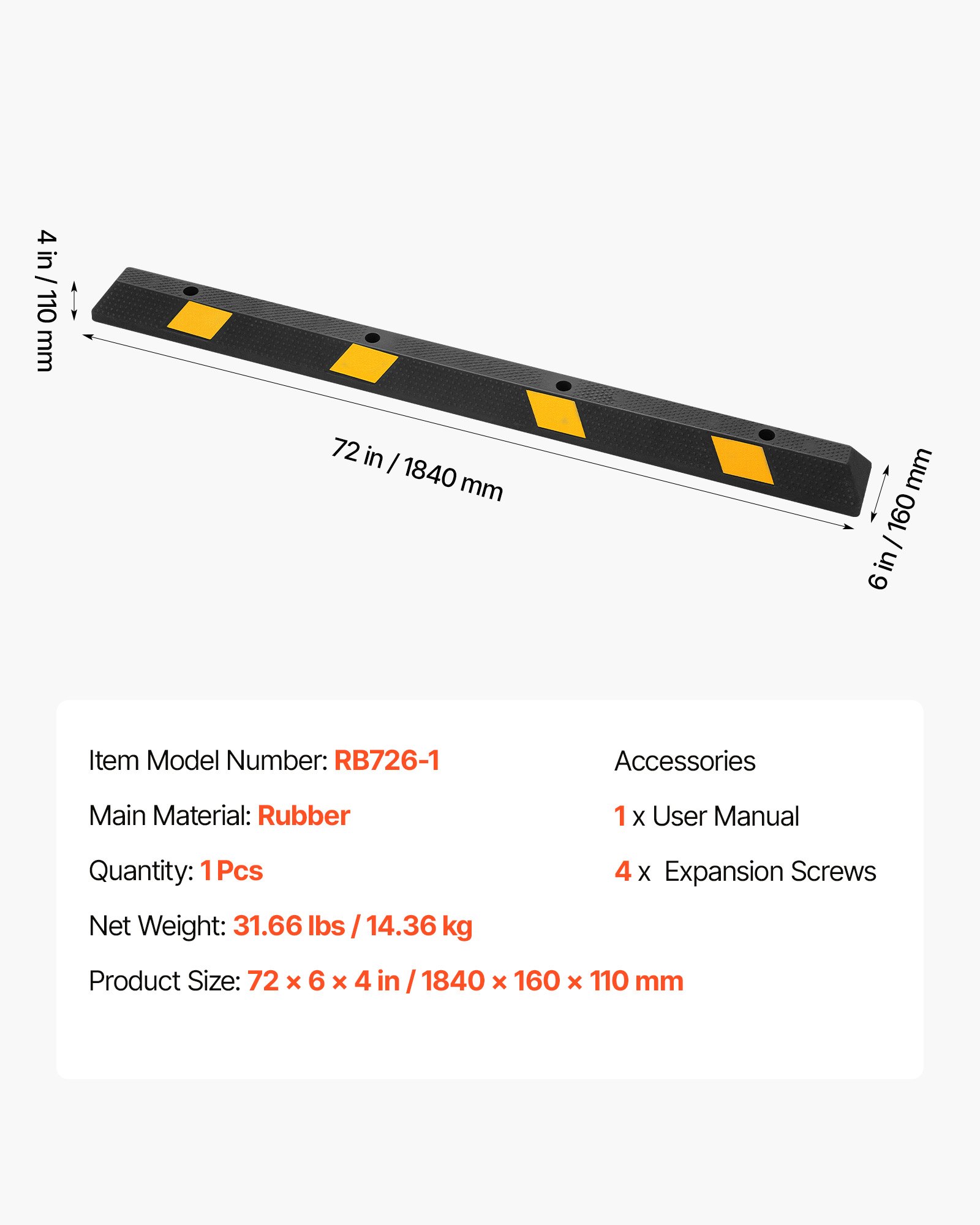VEVOR Fermaruote in Gomma per Parcheggi da Garage, 184 x 16 x 11 cm, Limitatore di Parcheggio con Strisce Riflettenti, Blocchi Fermi Ruota in Gomma per Auto, Furgoni, Camion, Blocco Guida Ruota