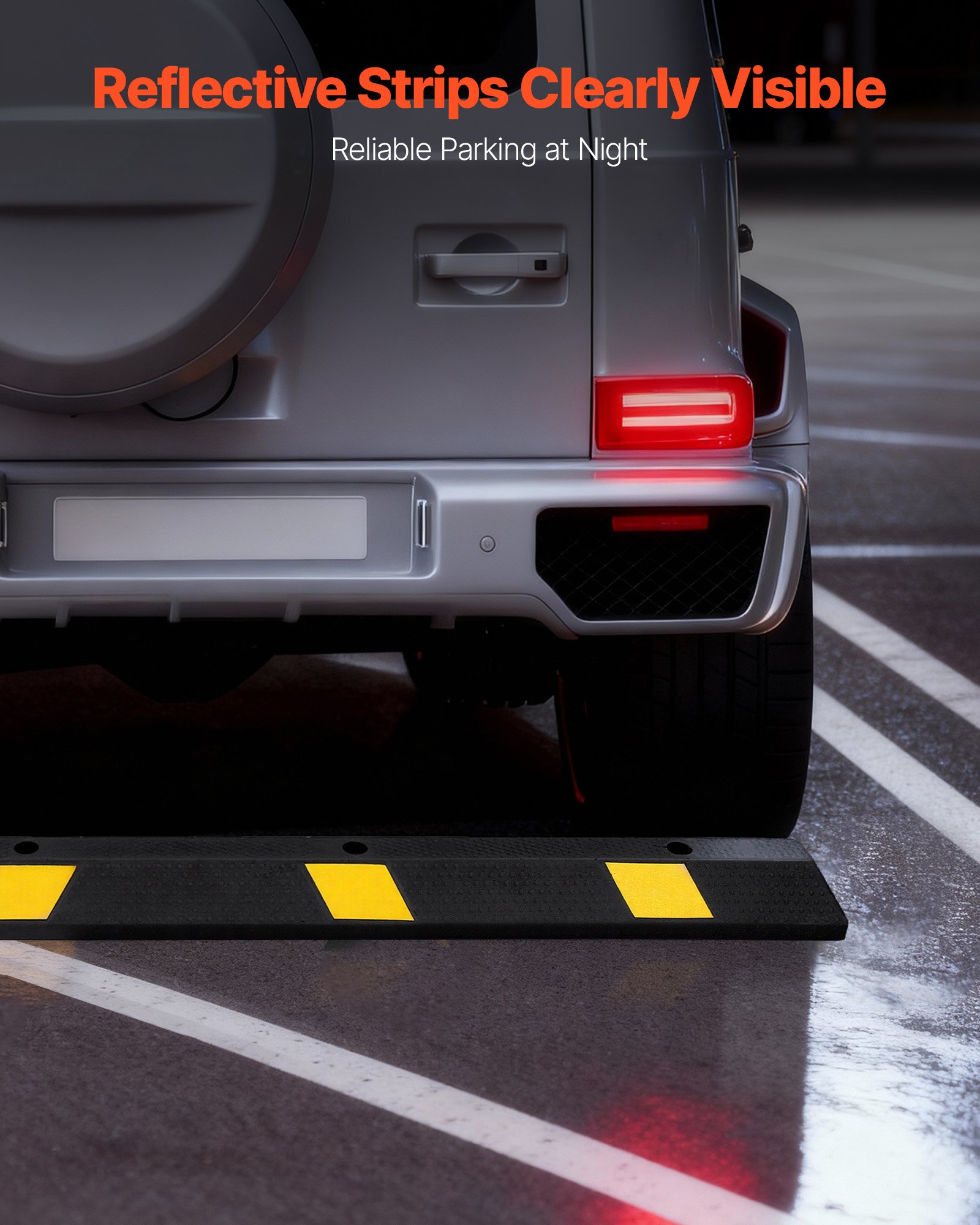 VEVOR Fermaruote in Gomma per Parcheggi da Garage, Confezione di 2, 184 x 16 x 11 cm, Limitatore di Parcheggio con Strisce Riflettenti, Blocchi Fermi Ruota in Gomma per Auto, Furgoni, Camion