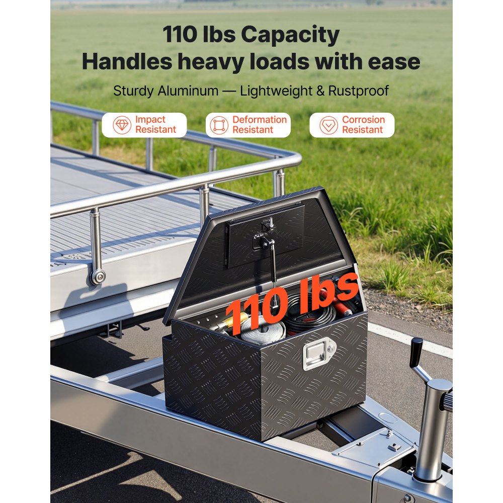 VEVOR Trailer Tongue Box, 660 x 330 x 305 mm Aluminum Trailer Tongue Tool Box, Heavy Duty Storage Organizer with Lock & Keys, Utility Tool Chest for Pickup Truck Bed, RV, SUV, Off-Road Vehicle, Black