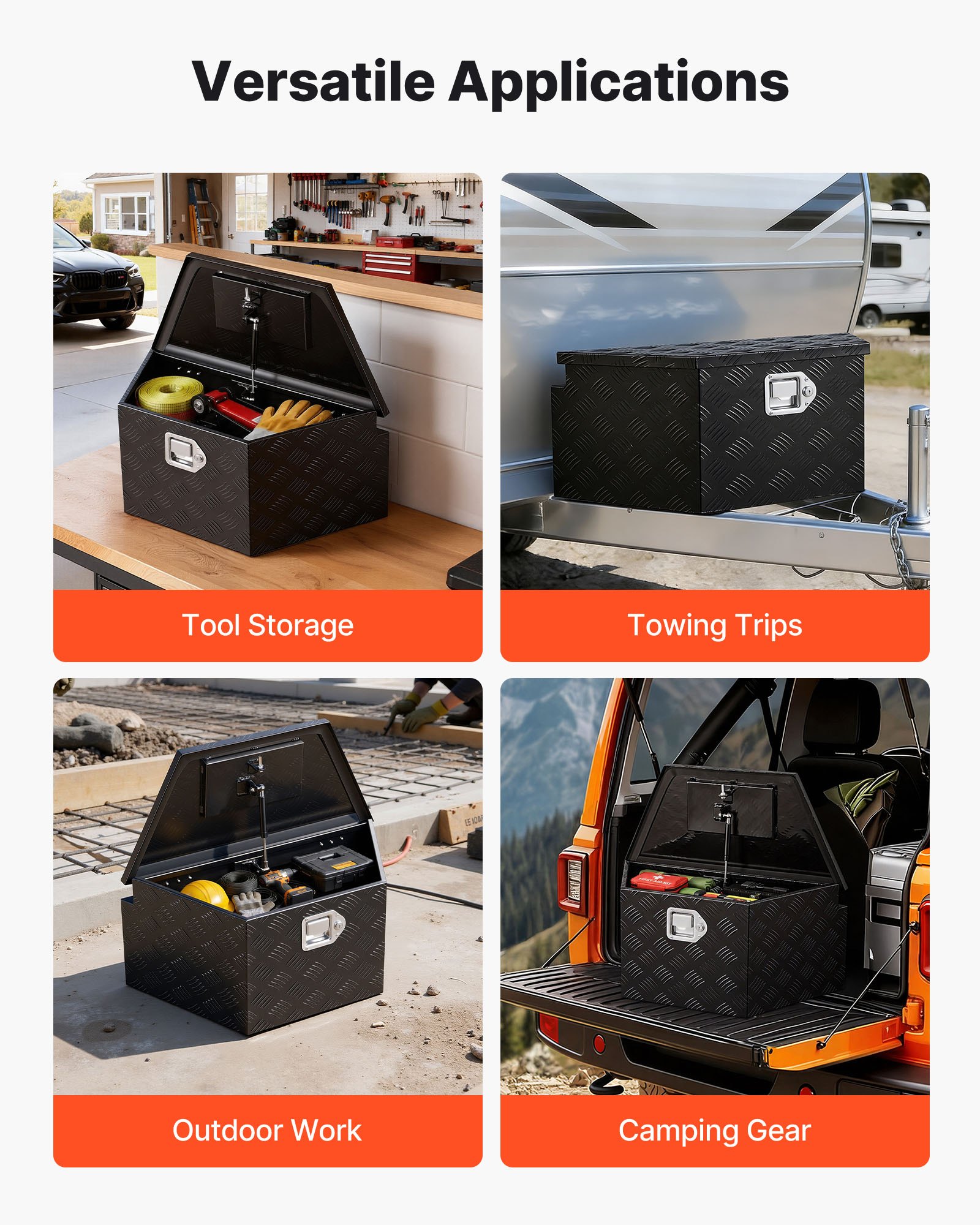 VEVOR Trailer Tongue Box, 660 x 330 x 305 mm Aluminum Trailer Tongue Tool Box, Heavy Duty Storage Organizer with Lock & Keys, Utility Tool Chest for Pickup Truck Bed, RV, SUV, Off-Road Vehicle, Black