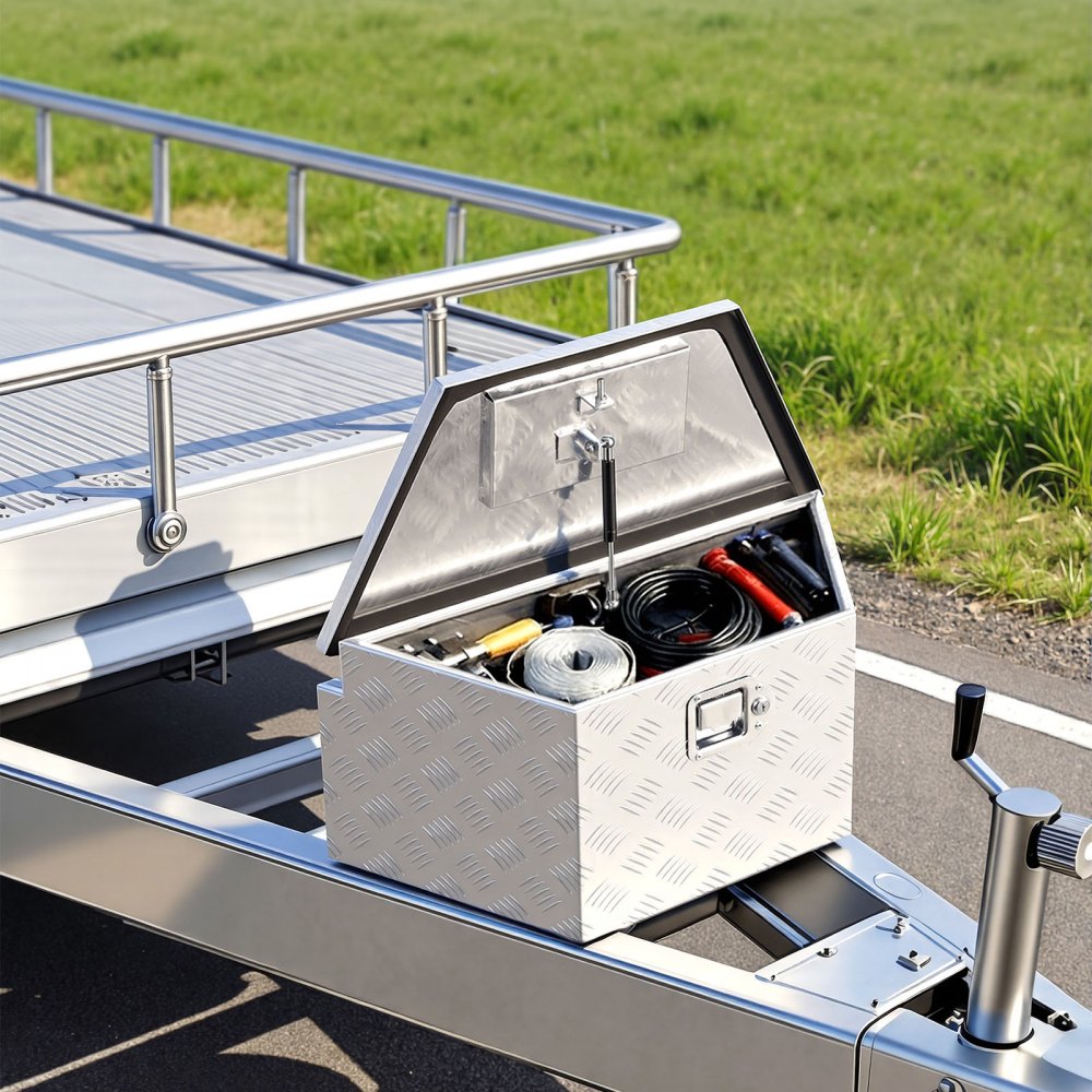 VEVOR Trailer Tongue Box, 660 x 330 x 305 mm Aluminum Trailer Tongue Tool Box, Heavy Duty Storage Organizer with Lock & Keys, Utility Tool Chest for Pickup Truck Bed, RV, SUV, Off-Road Vehicle, Silver
