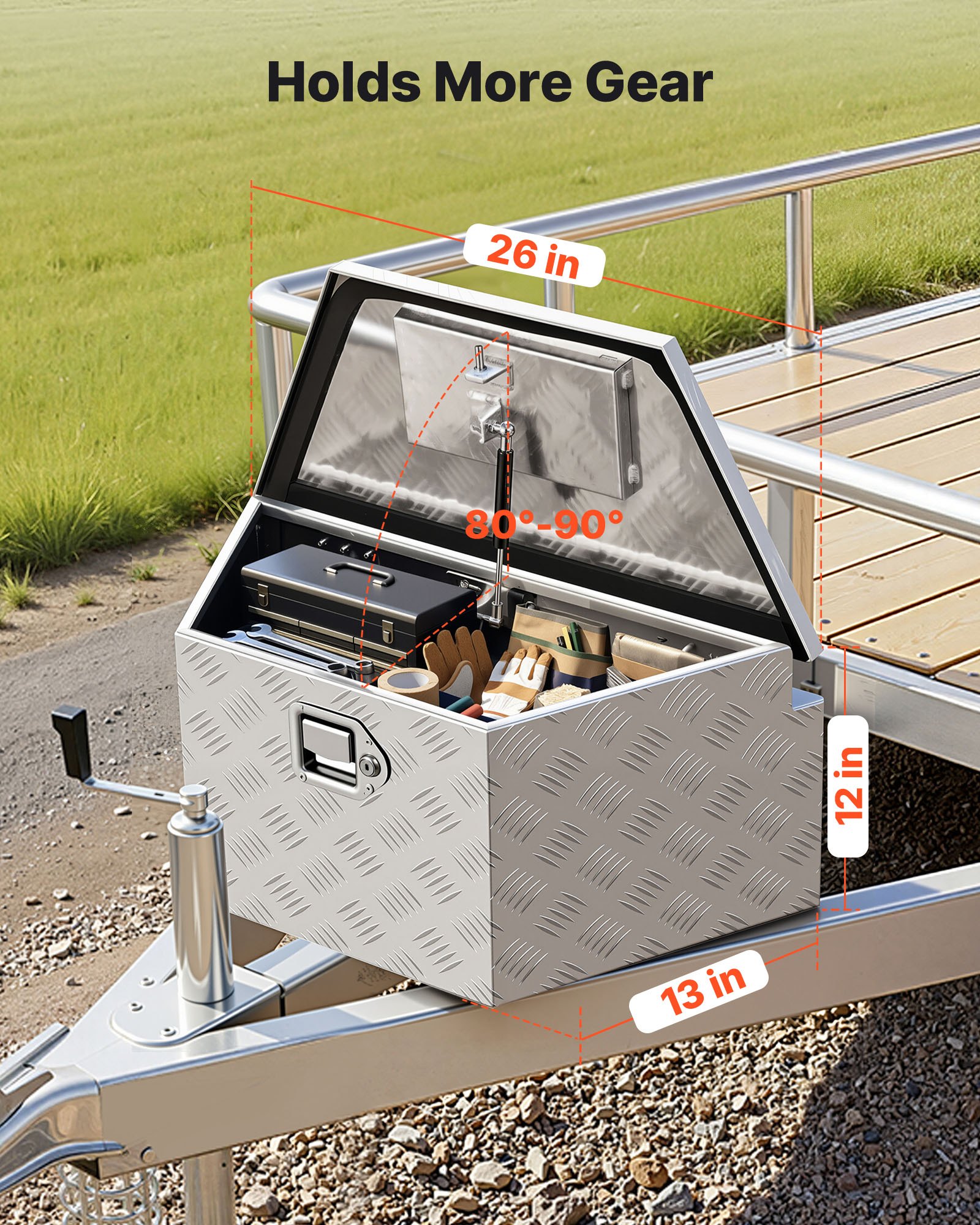 VEVOR Trailer Tongue Box, 660 x 330 x 305 mm Aluminum Trailer Tongue Tool Box, Heavy Duty Storage Organizer with Lock & Keys, Utility Tool Chest for Pickup Truck Bed, RV, SUV, Off-Road Vehicle, Silver