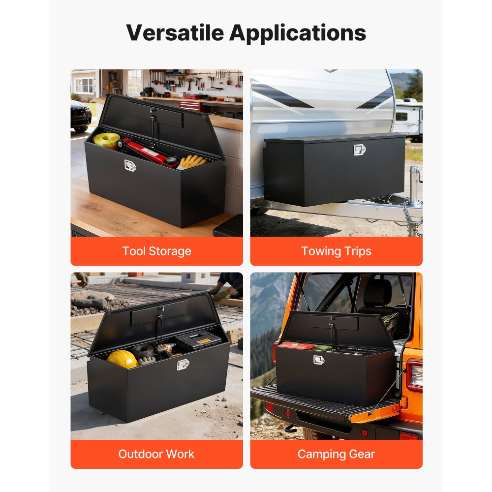 VEVOR Scatola Portaoggetti per Timone Rimorchio 1245x353x470 mm in Acciaio, Cassone Porta Attrezzi per Rimorchio Portautensili Carico max. 50 kg con Serratura, Cassa Portaoggetti per Camper SUV, Nero