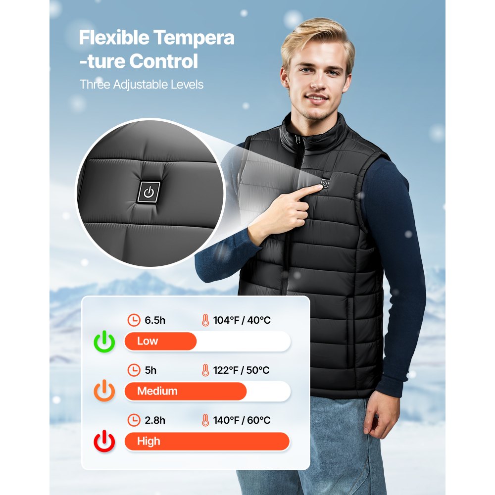 VEVOR Gilet Riscaldato, Gilet Riscaldante Elettrico Leggero da Uomo con Batteria da 16000 mAh, 8 Zone di Riscaldamento, con 3 Livelli, per Escursionismo, Campeggio, Pesca, Sci, Taglia M