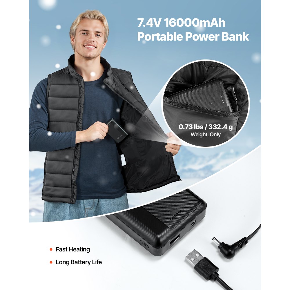 VEVOR Gilet Riscaldato, Gilet Riscaldante Elettrico Leggero da Uomo con Batteria da 16000 mAh, 8 Zone di Riscaldamento, con 3 Livelli, per Escursionismo, Campeggio, Pesca, Sci, Taglia M
