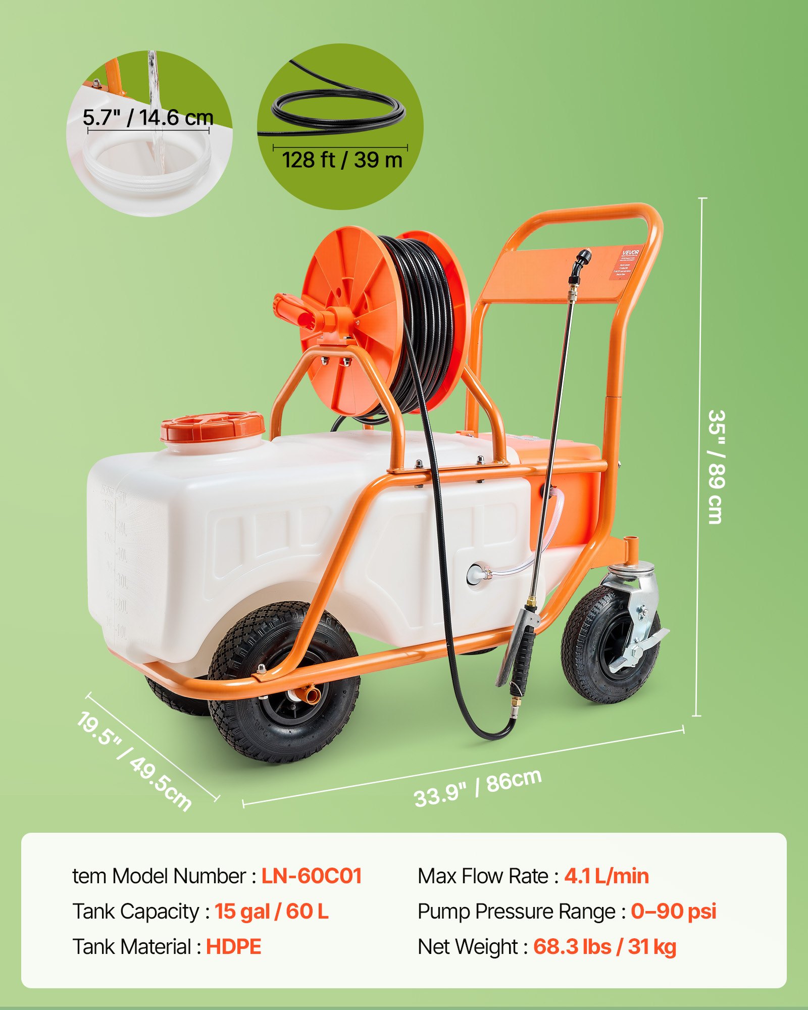 VEVOR Lawn Sprayer with Wheels, Adjustable Pressure 0-90 PSI, Sprayer with 60L Tank, with 8 Nozzles, 2 Wands, Wide Opening Lid for Garden, Weeding, Spraying