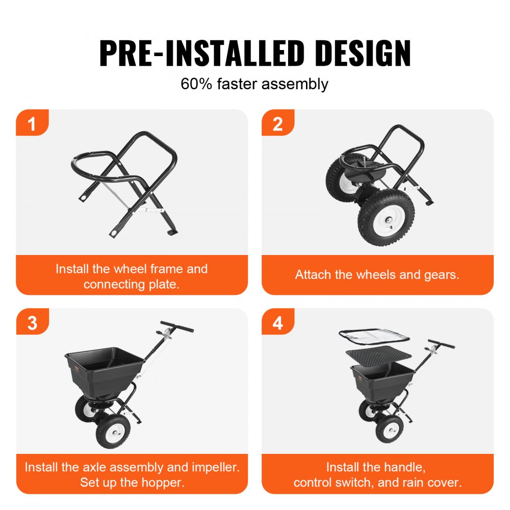 VEVOR Spandiconcime Portata max. 45 kg Carrello Spanditore per Semi con Ruote Diametro 305 mm, Spanditore Tramoggia da 56 L Seminatrice da Prato in Acciaio per Terreni Prato Agricoli Giardino, Nero