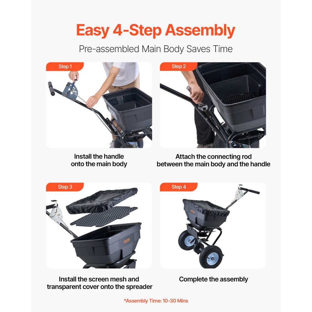 VEVOR Seminatrice per Trattore Rimorchio Capacità di 45,2 kg, con Guida da Terra, Ruote per Tutti i Terreni da 330 mm, Spandiconcime con Griglia a Tramoggia, per Semi, Scioglimento del Ghiaccio