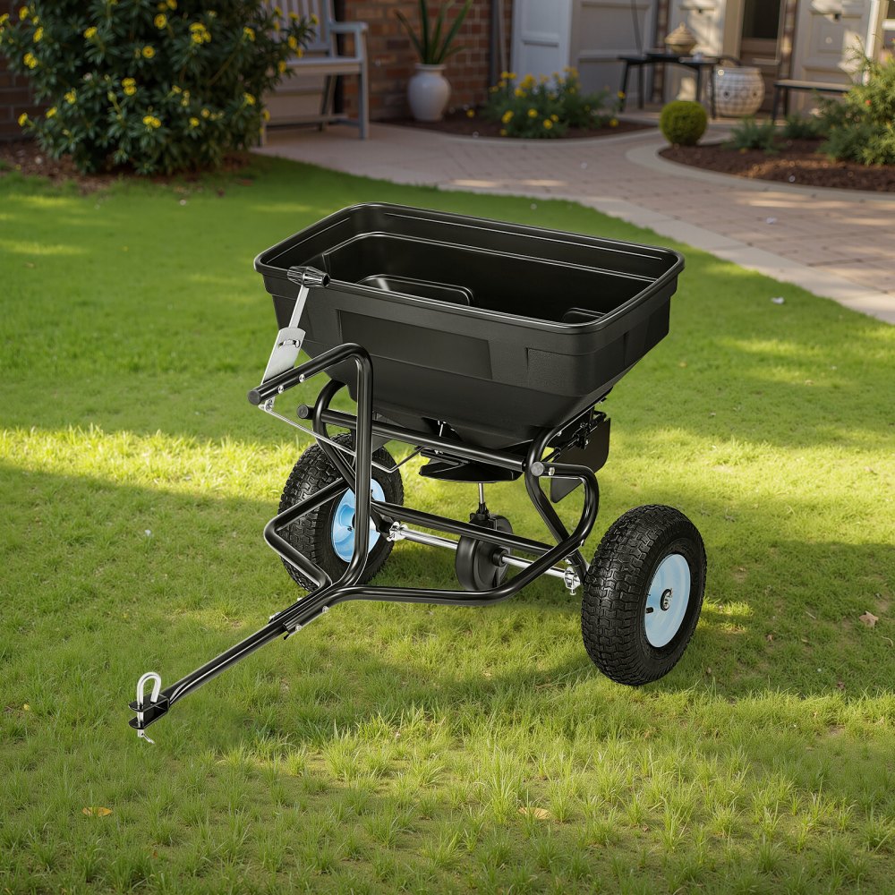VEVOR Tow Behind Broadcast Spreader, 130LBS Capacity, Tow/Push Garden Spreader with 13 in Tires, 30 Adjustable Setting & 9.8 ft Spreading Width, Lawn Spreaders for Seed, Fertilizer, Salt, Ice Melt