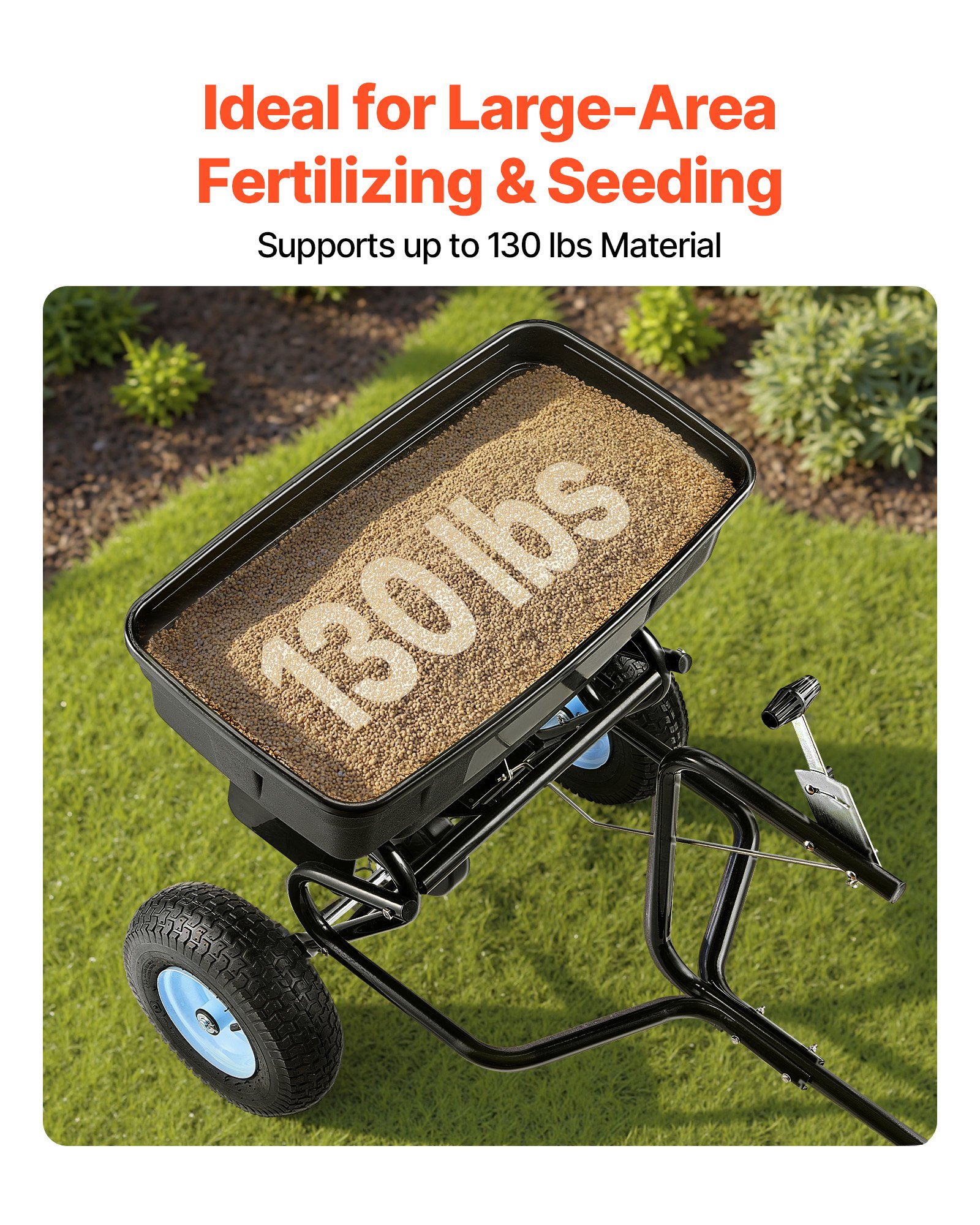 VEVOR Tow Behind Broadcast Spreader, 130LBS Capacity, Tow/Push Garden Spreader with 13 in Tires, 30 Adjustable Setting & 9.8 ft Spreading Width, Lawn Spreaders for Seed, Fertilizer, Salt, Ice Melt