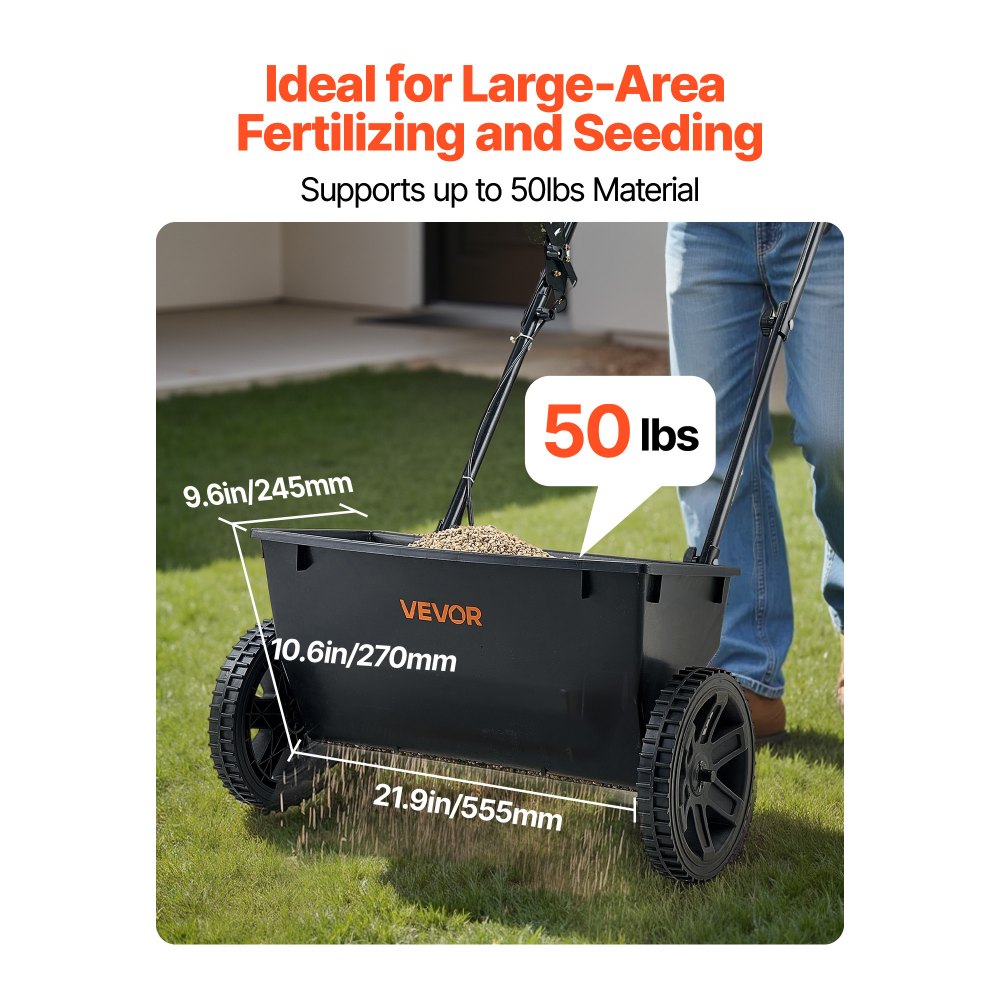 VEVOR Walk-Behind Push Spreader, 50LBS Capacity, Drop Spreader with Hopper Grate, 18 in Spreading Width & 30 Settings, 10 in All Terrain Tires, Garden & Lawn Spreaders for Seed, Fertilizer
