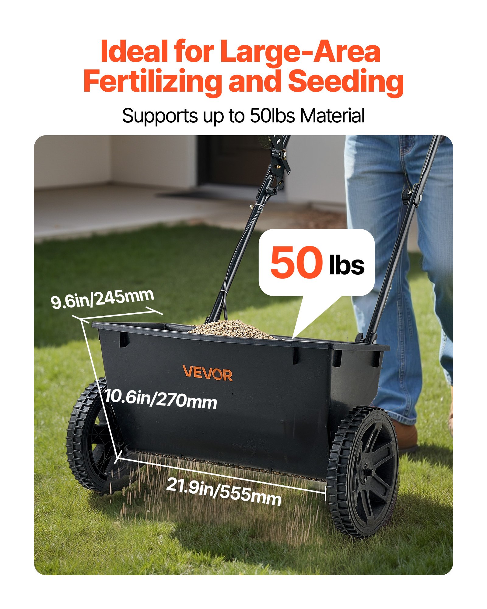 VEVOR Walk-Behind Push Spreader, 50LBS Capacity, Drop Spreader with Hopper Grate, 18 in Spreading Width & 30 Settings, 10 in All Terrain Tires, Garden & Lawn Spreaders for Seed, Fertilizer