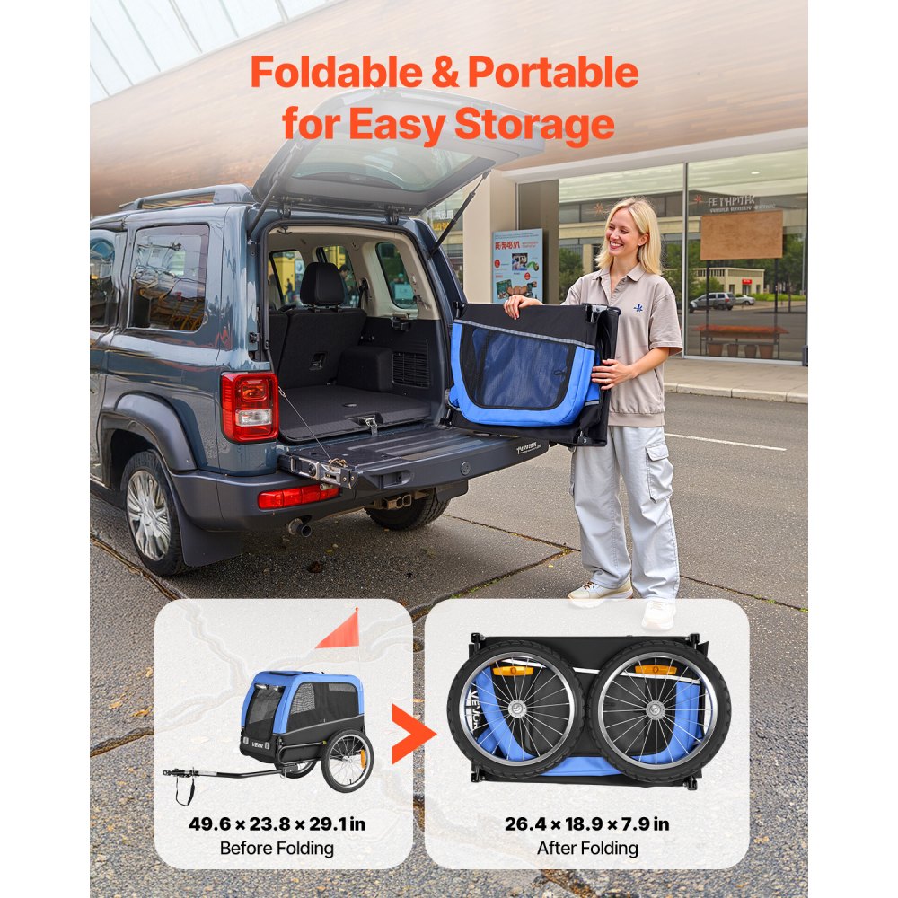 VEVOR Rimorchio per Bici per Cani, Supporta Fino a 30 kg, Carrello Portabici, Telaio Pieghevole con Ruota a Sgancio Rapido, Attacco Universale per Bicicletta, Riflettore, Bandiera Guinzaglio Interno