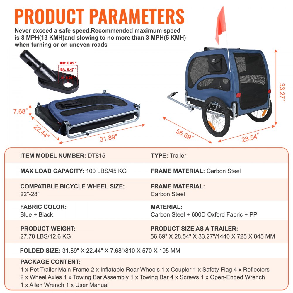 VEVOR Dog Trailer 45 kg Bicycle Trailer Carbon Steel + 600D Oxford Fabric + PP Foldable 1440 x 725 x 845 mm as a Trailer Folded Size 810 x 570 x 195 mm Blue