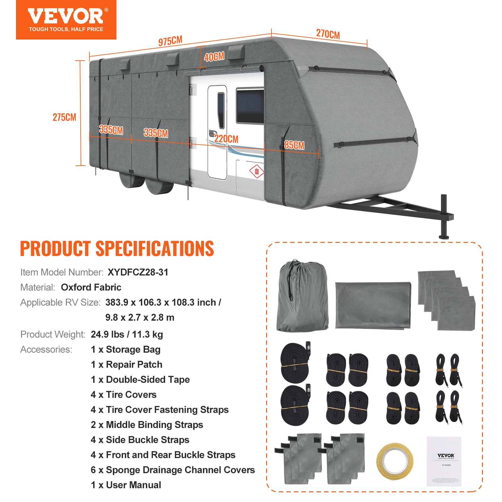 VEVOR Caravan Protective Cover for 8.5-9.4 m Caravans, Waterproof and Windproof Oxford Fabric Caravan Cover, Universal Caravan Cover with Storage Bag, Repair Patch, and Straps