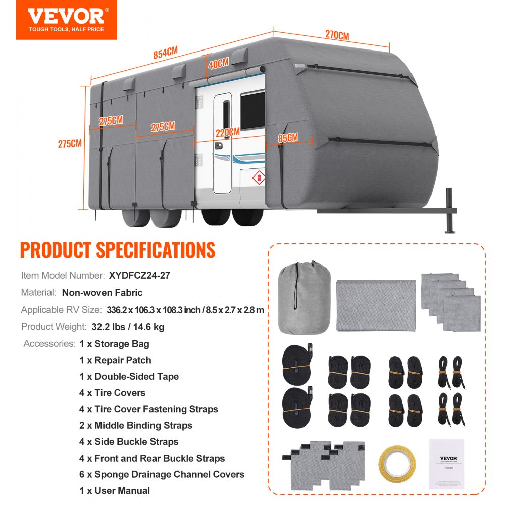 VEVOR Caravan Protective Cover for 7.3-8.2 m Caravans, Waterproof and Windproof Non-Woven Caravan Cover, Universal Caravan Cover with Storage Bag, Repair Patches, Straps, and Adhesive Tape