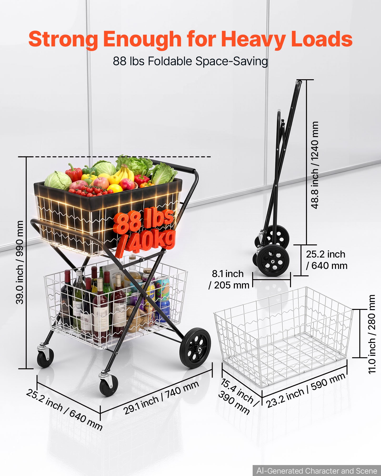 VEVOR Carrello della Spesa Pieghevole a 2 Livelli con Ruote Portata 40 kg, Carrello Robusto con Struttura a Spinta, 2 Cestini Rimovibili, Ruote Piroettanti a 360°, per Spesa, Magazzino e Supermercato