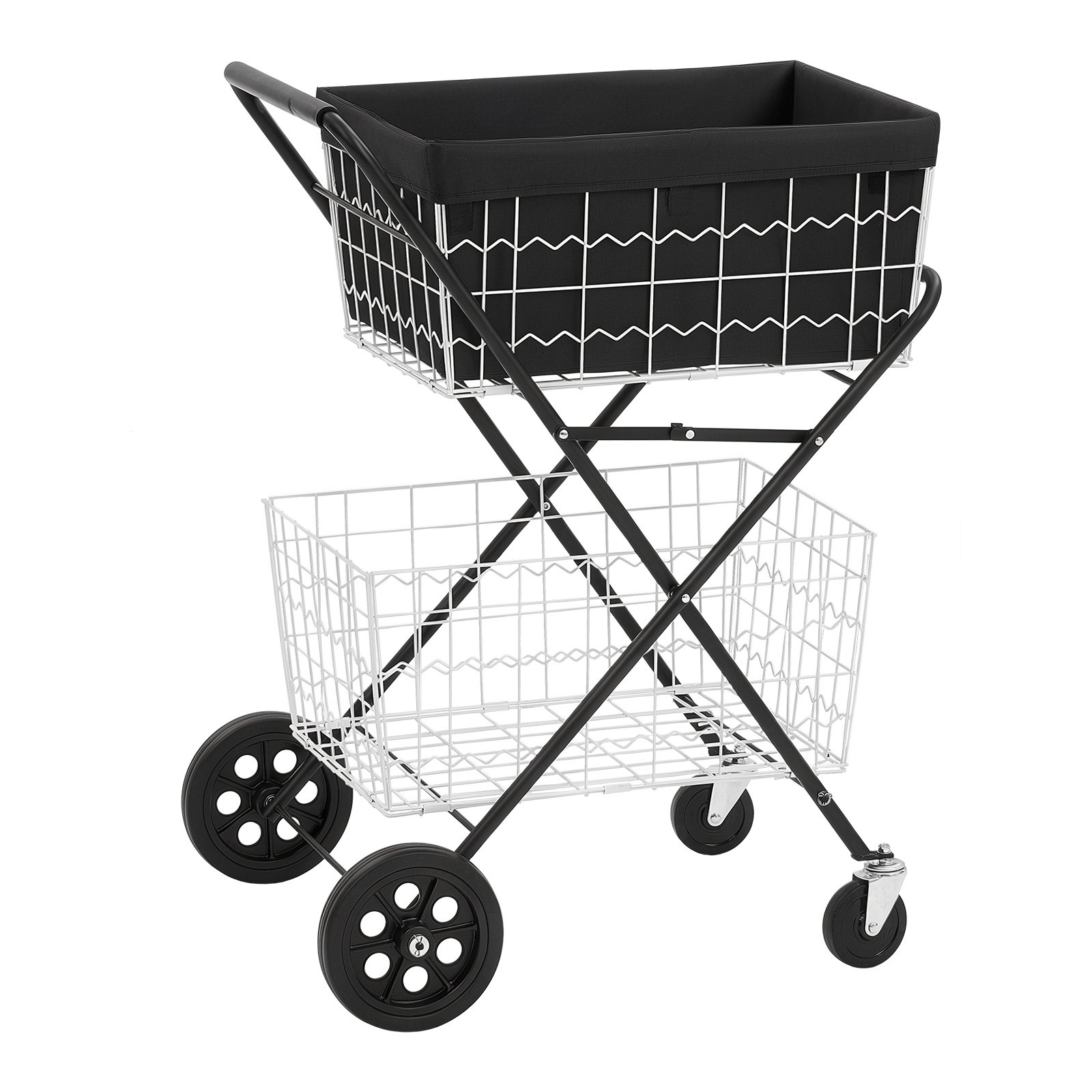 VEVOR Carrello della Spesa Pieghevole a 2 Livelli con Ruote Portata 40 kg, Carrello Robusto con Struttura a Spinta, 2 Cestini Rimovibili, Ruote Piroettanti a 360°, per Spesa, Magazzino e Supermercato
