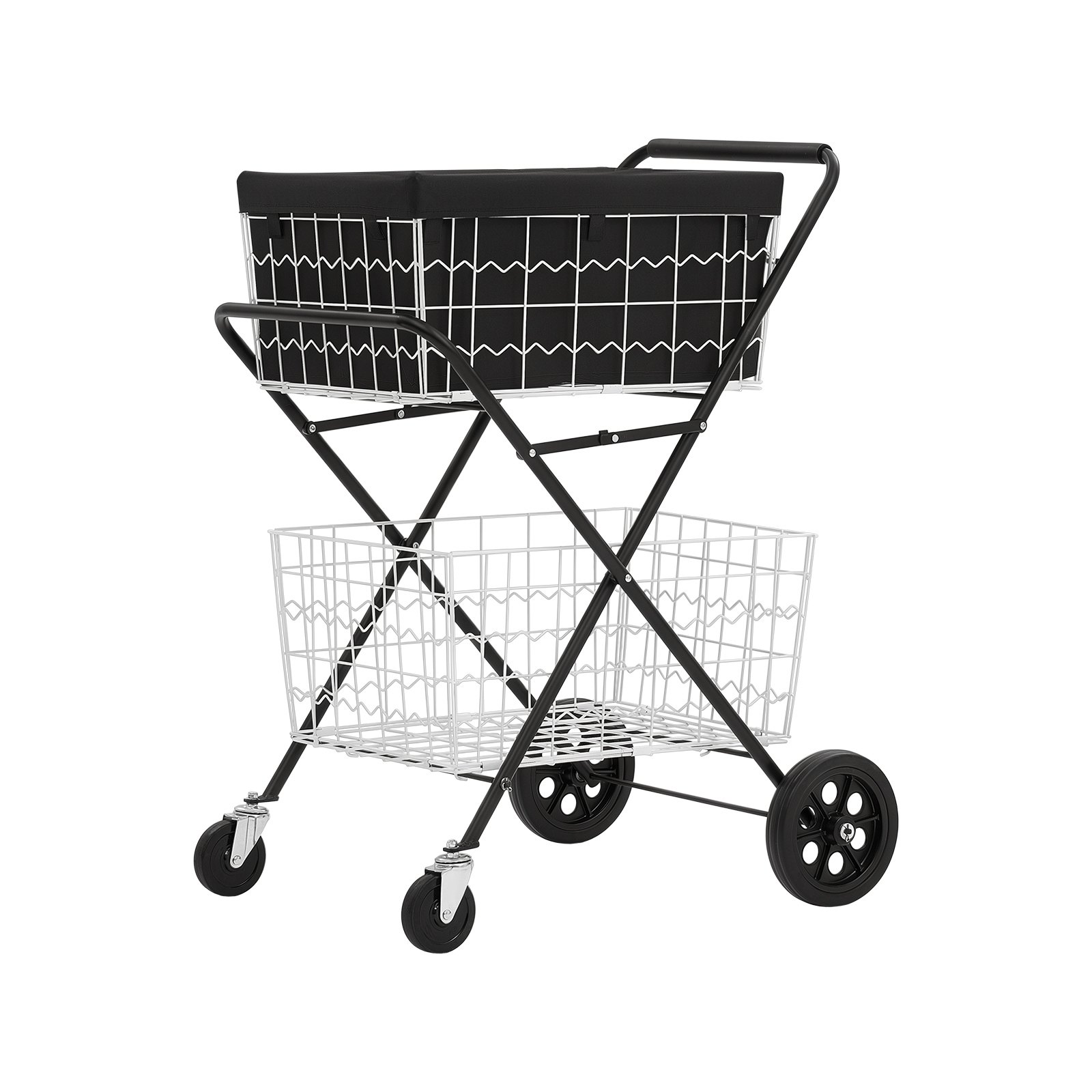VEVOR Carrello della Spesa Pieghevole a 2 Livelli con Ruote Portata 40 kg, Carrello Robusto con Struttura a Spinta, 2 Cestini Rimovibili, Ruote Piroettanti a 360°, per Spesa, Magazzino e Supermercato
