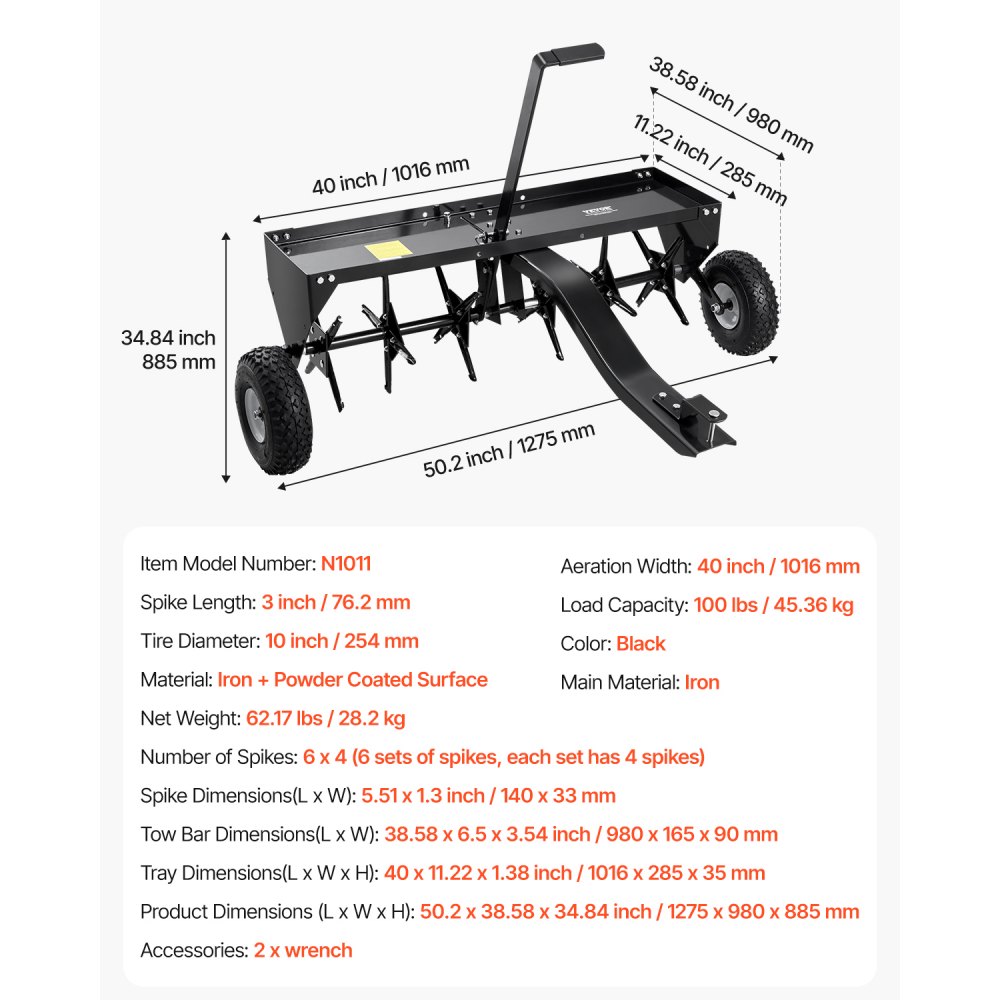 VEVOR Arieggiatore a Spina Trainato 1016 mm con Attacco Universale, Arieggiatore Trainato con Punte di Ferro Disposte Alternativamente, Arieggiatore per Prato Trainato per Giardini, Prati, Fattorie