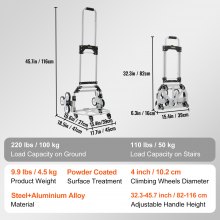 VEVOR Carrello Portaspesa in Acciaio Alluminio Capacità Carico Max. 100kg Manico Regolabile, Carrello con Ruote per Salire le Scale Dimensioni di Bagaglio 39 x 27 cm, Carrello per Scale Porta Oggetto
