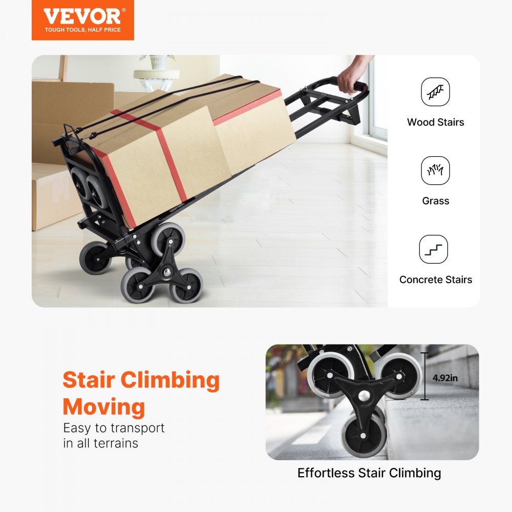 VEVOR stair climber, stacking trolley with a load capacity of 208 kg, sack truck with double handle, 6 wheels and 2 elastic ropes, stair climber, transport trolley for home, office, shopping, removals, warehouse