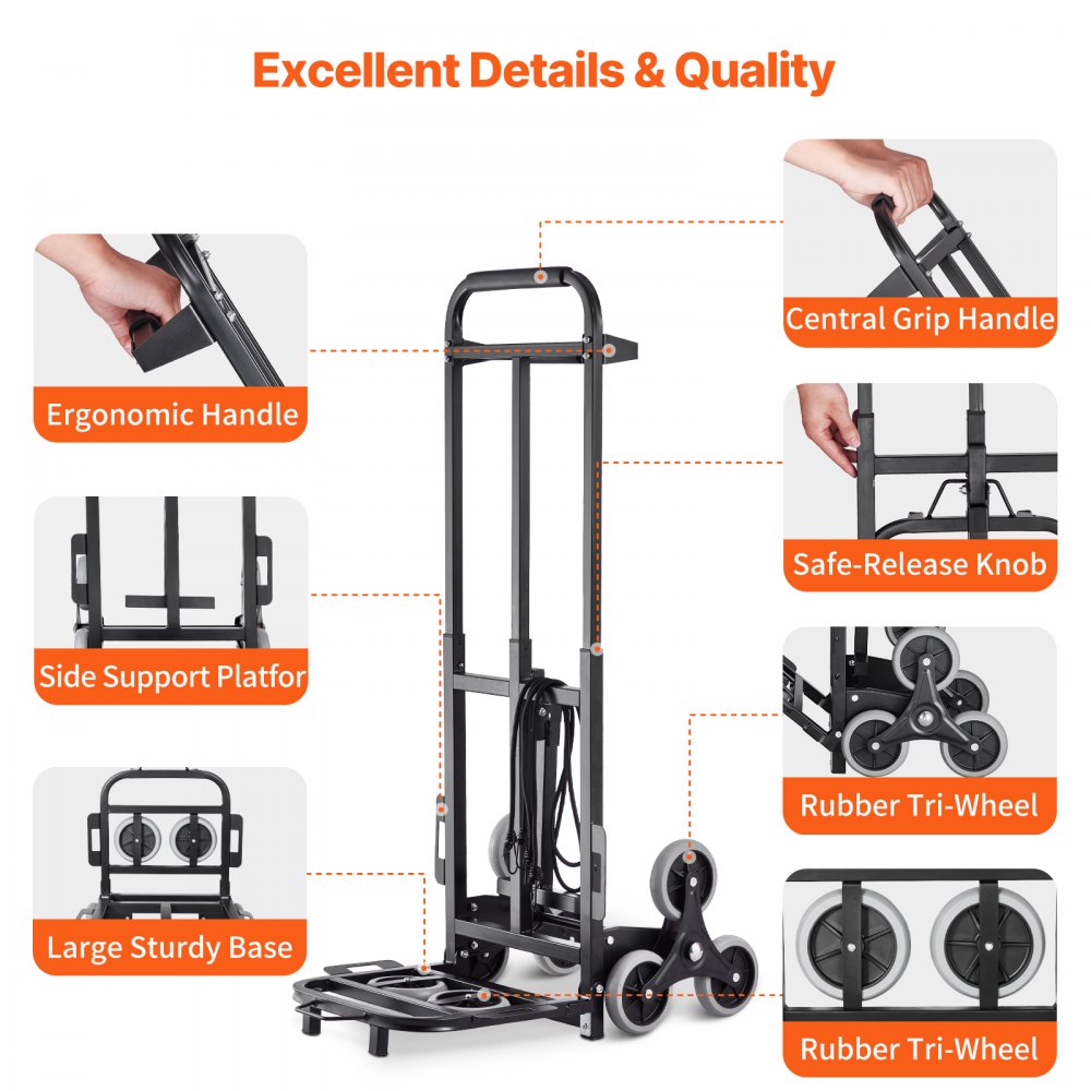 VEVOR stair climber, stacking trolley with a load capacity of 208 kg, sack truck with double handle, 6 wheels and 2 elastic ropes, stair climber, transport trolley for home, office, shopping, removals, warehouse
